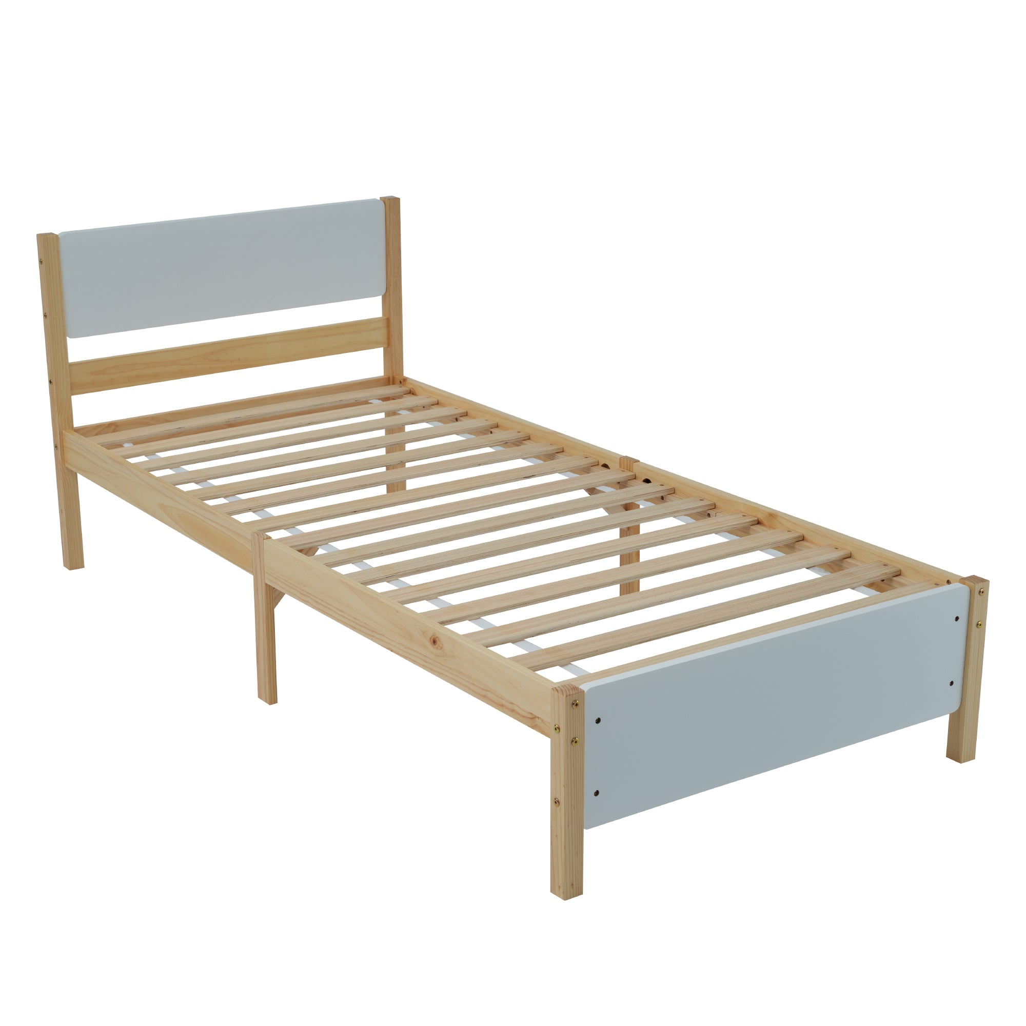 Single Bed, Pine Wood Frame with MDF Headboard & Footboard, White + Natural