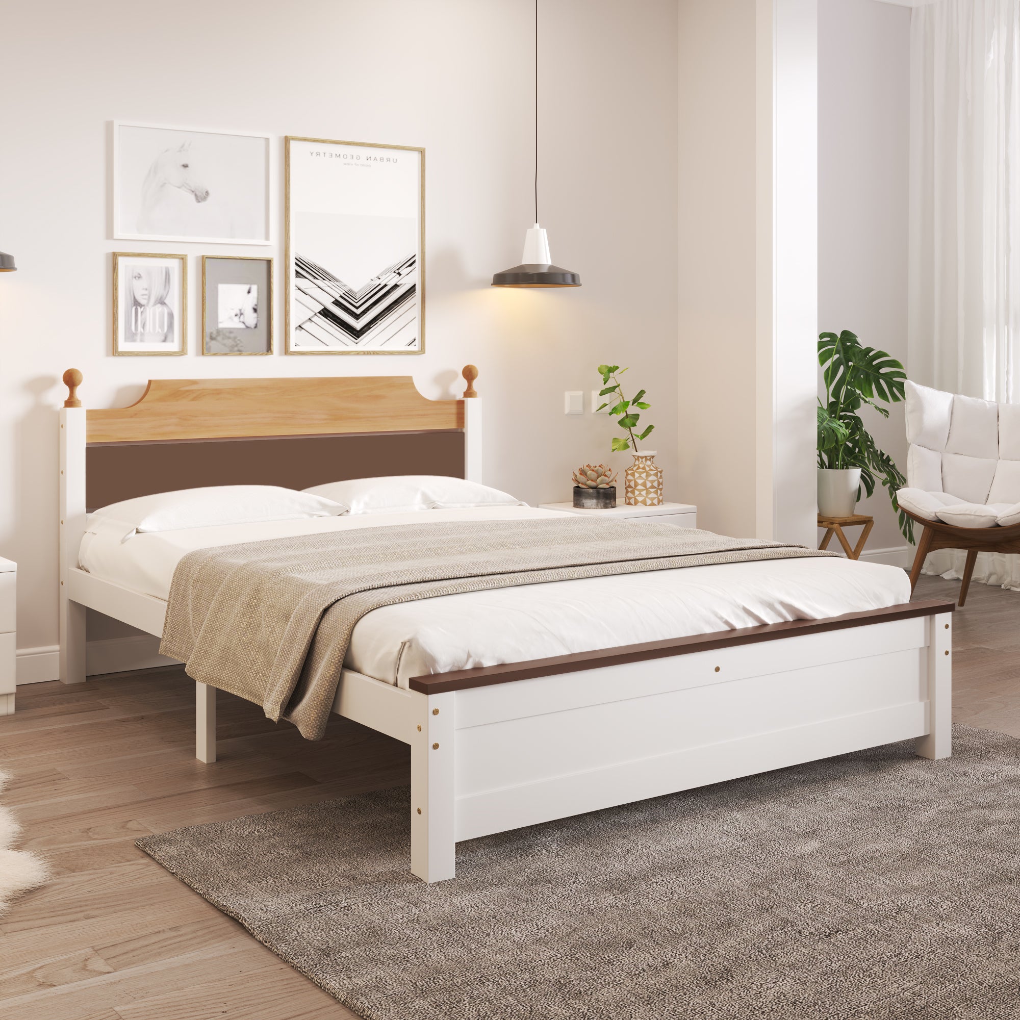 Double Bed, Wooden Pine Frame, MDF Headboard & Footboard, White
