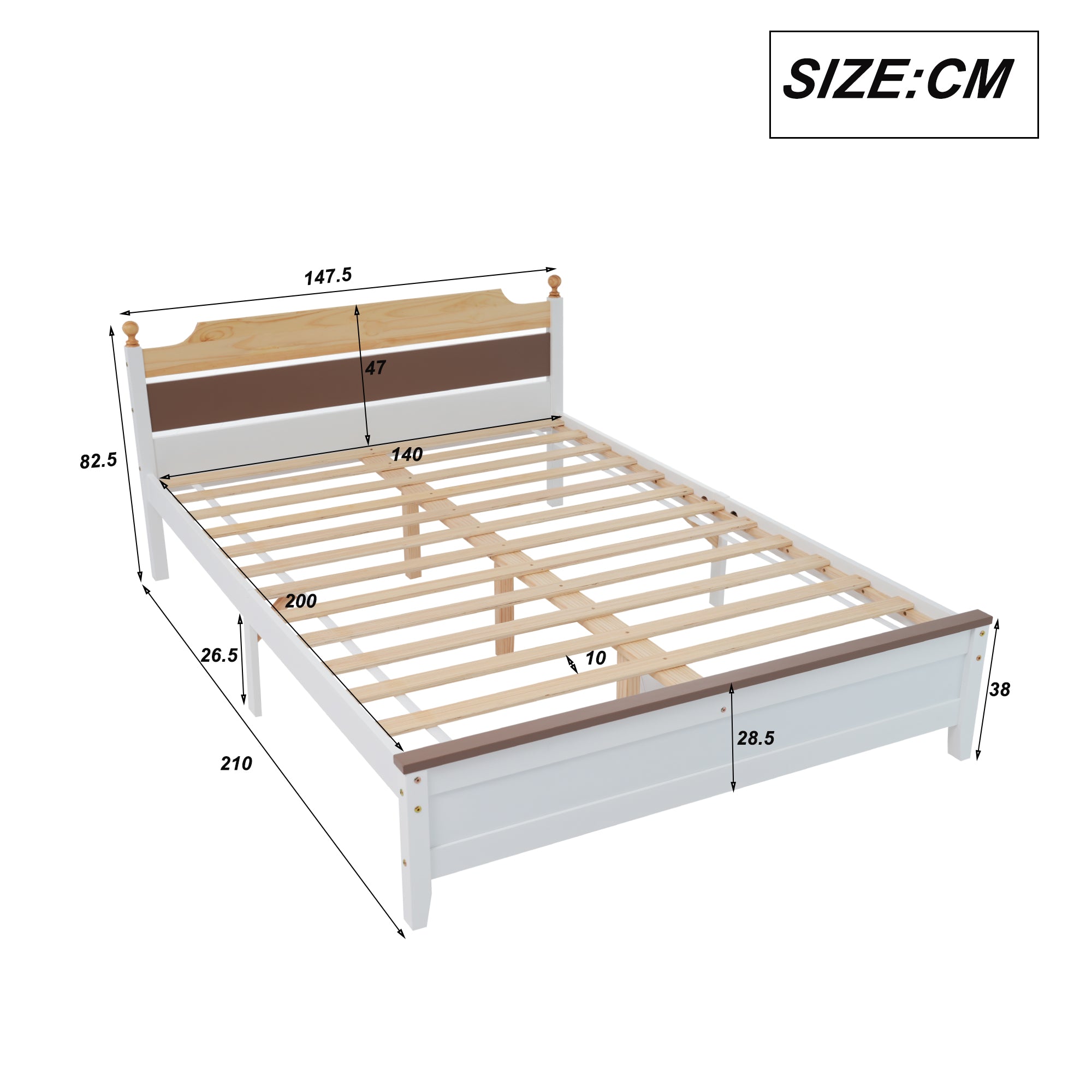 Double Bed, Wooden Pine Frame, MDF Headboard & Footboard, White