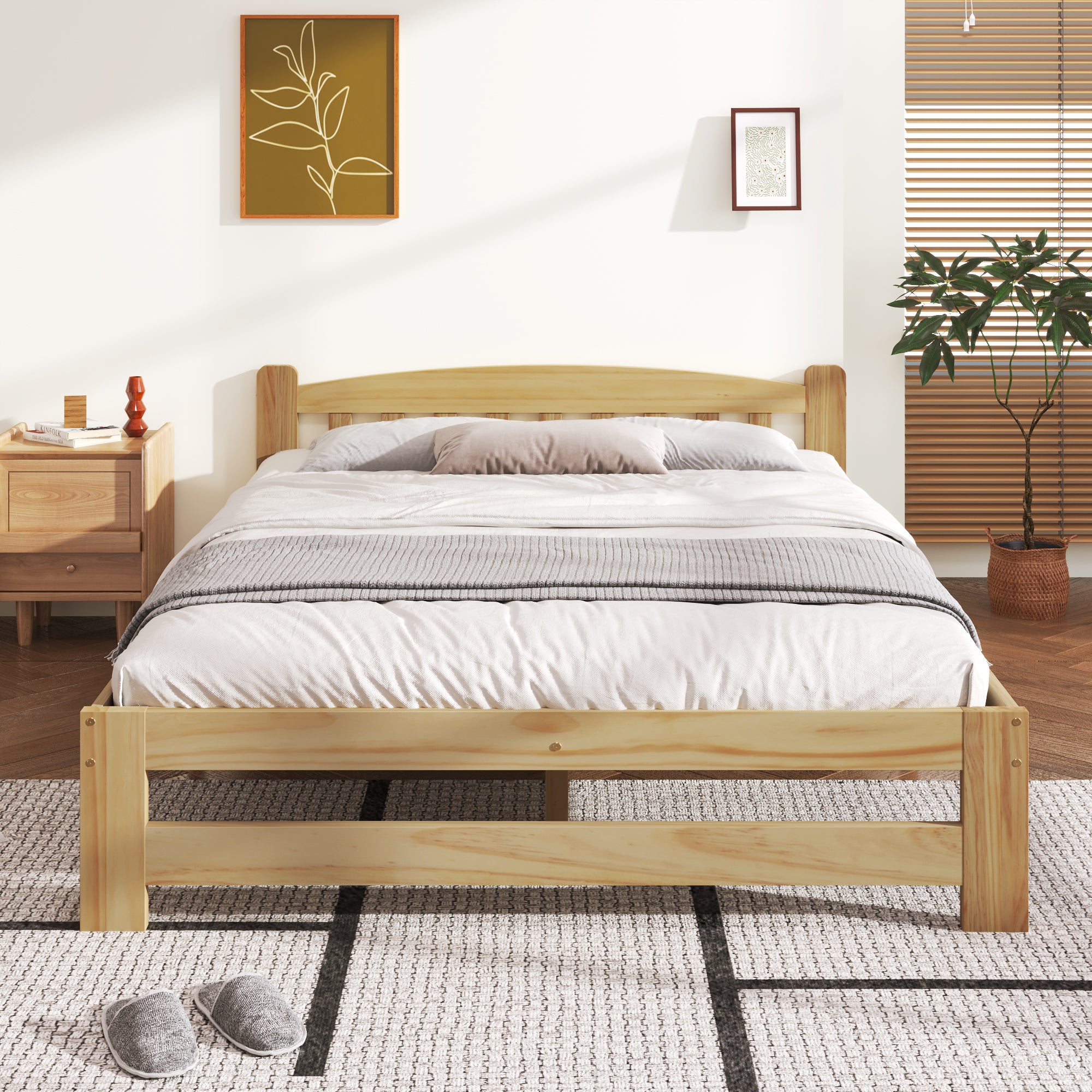 Solid Wood Bed, Futon Double Bed with Headboard & Slatted Frame, Natural, 140x200 cm