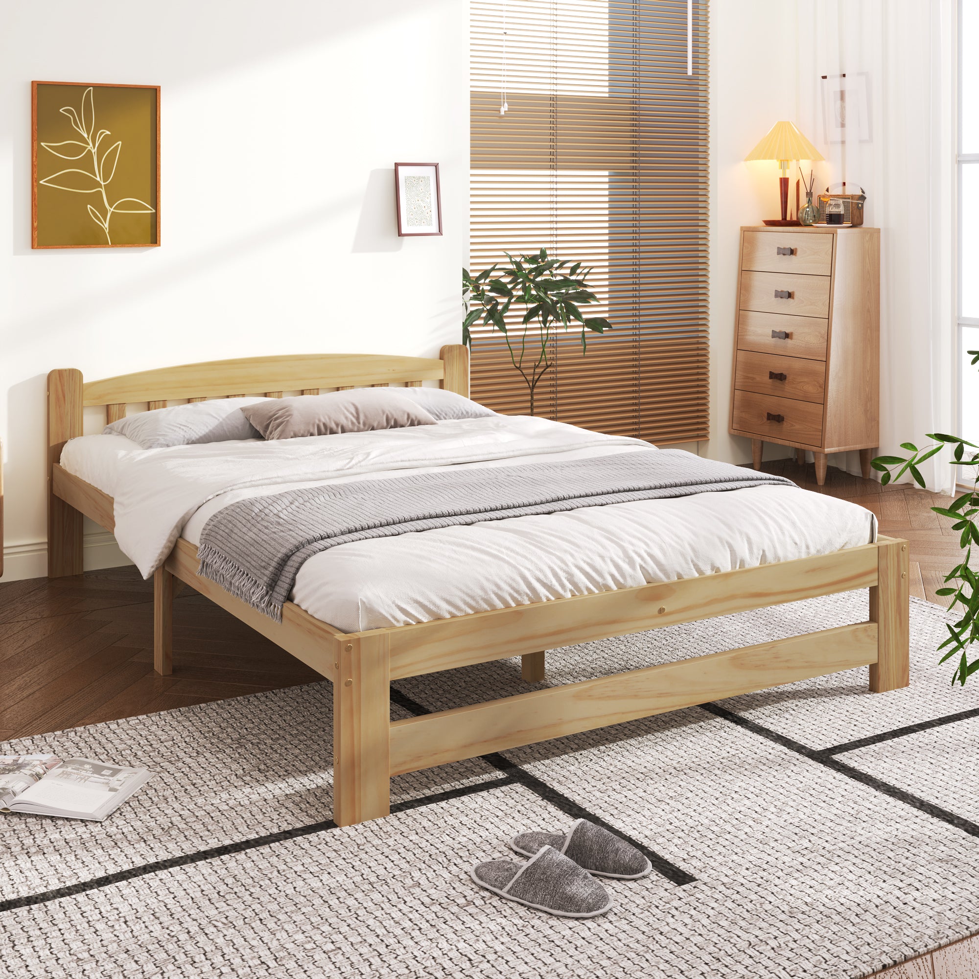 Solid Wood Bed, Futon Double Bed with Headboard & Slatted Frame, Natural, 140x200 cm