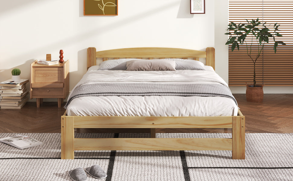 Solid Wood Bed, Futon Double Bed with Headboard & Slatted Frame, Natural, 140x200 cm