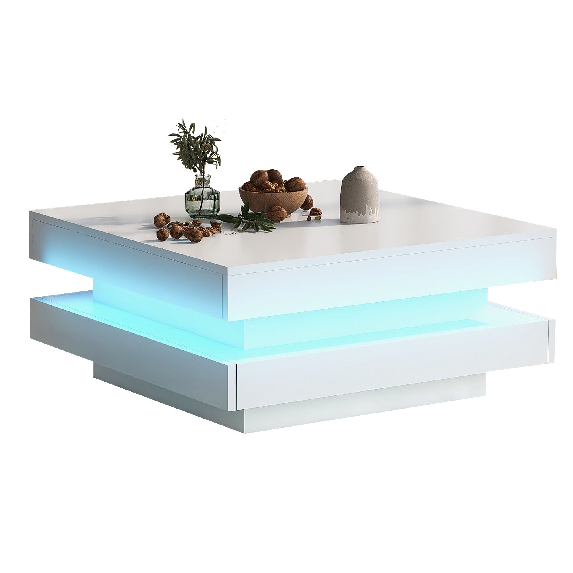 Square Coffee Table, Bluetooth LED Strip, 70x70x36 cm, White