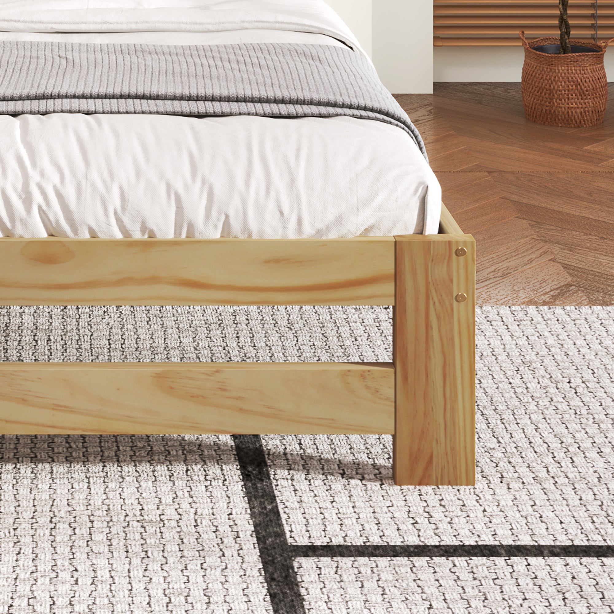 Solid Wood Bed, Futon Double Bed with Headboard & Slatted Frame, Natural, 140x200 cm
