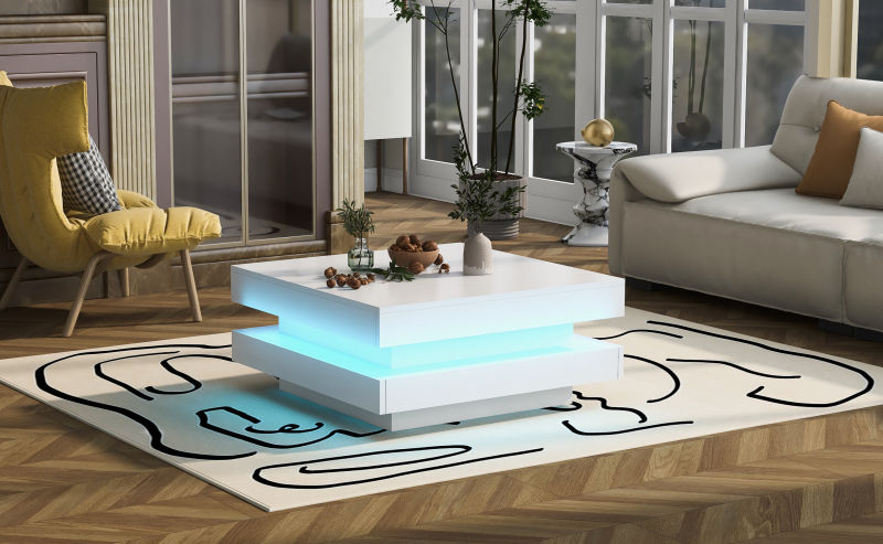 Square Coffee Table, Bluetooth LED Strip, 70x70x36 cm, White