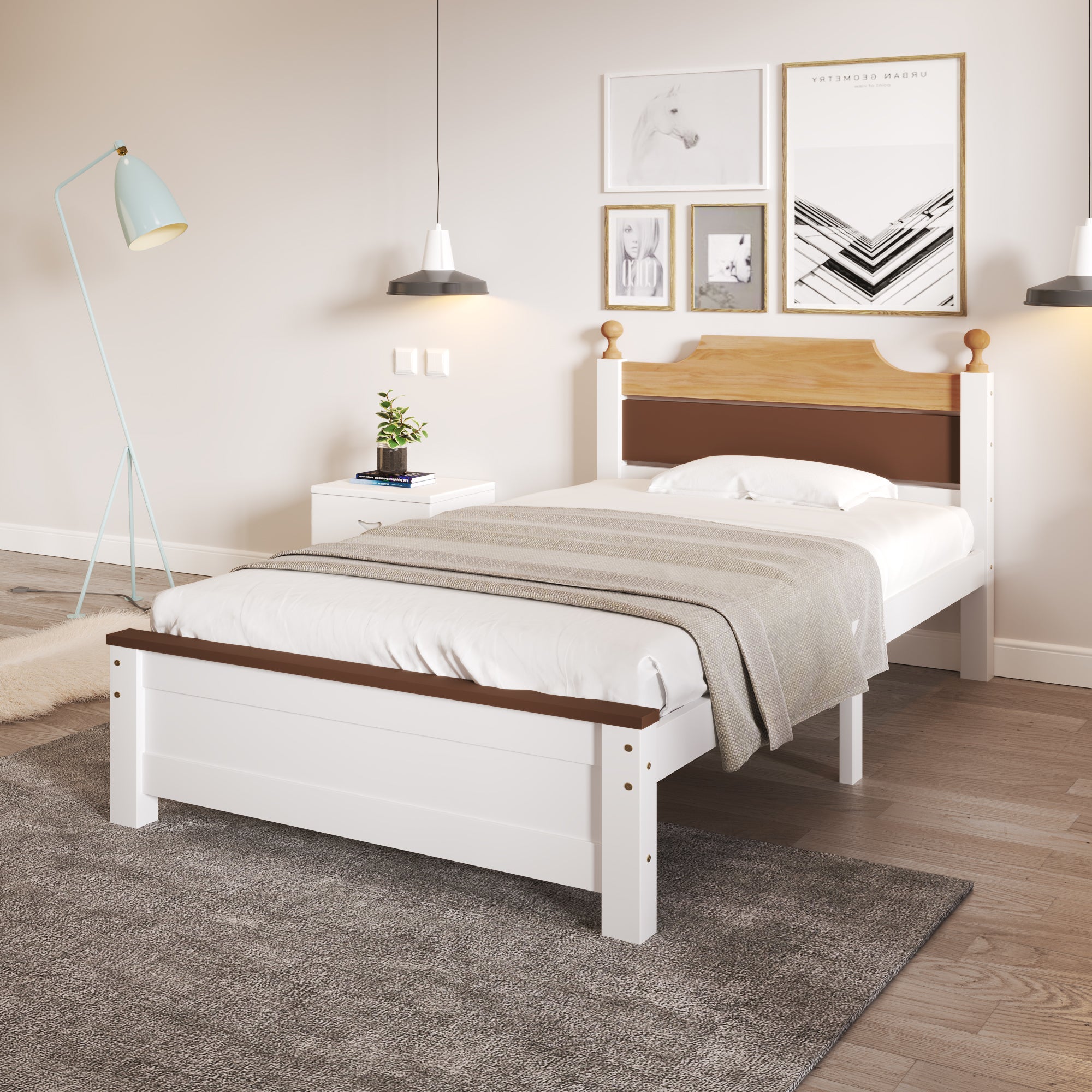 Single Bed Wooden Pine Wood Frame with MDF Head/Footboard 90x200 cm, White