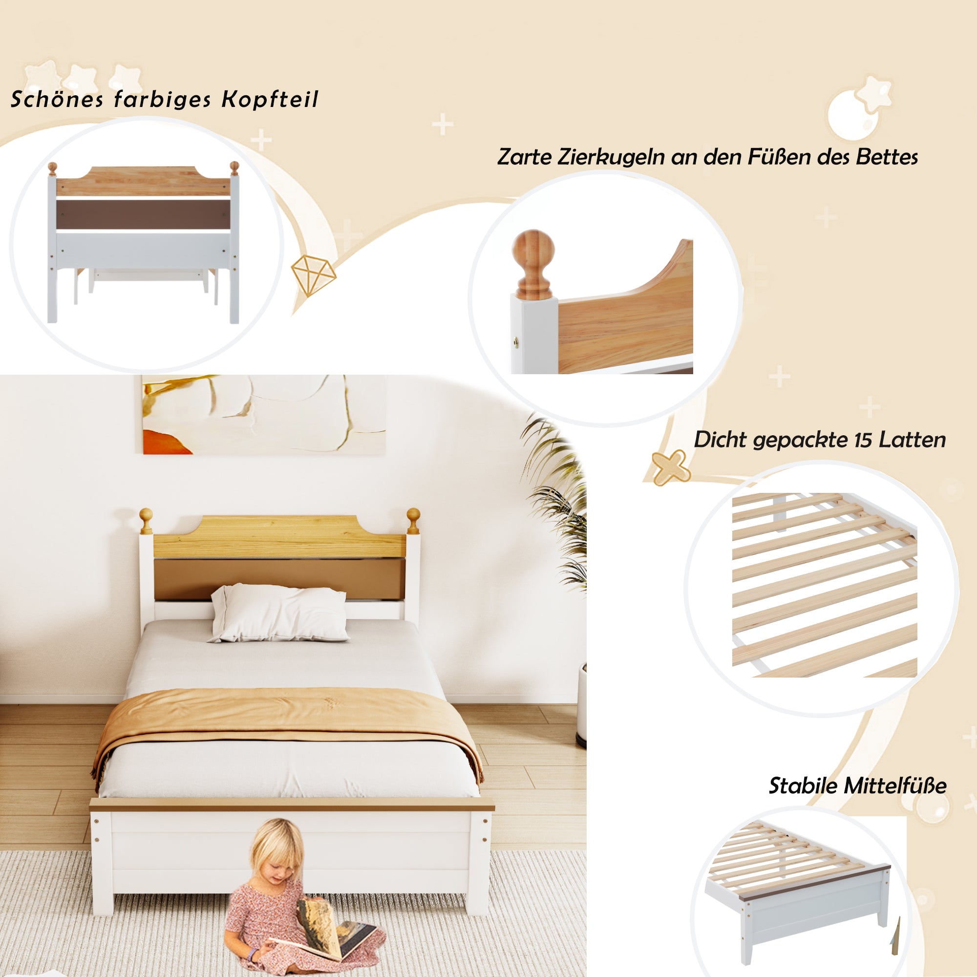 Single Bed Wooden Pine Wood Frame with MDF Head/Footboard 90x200 cm, White