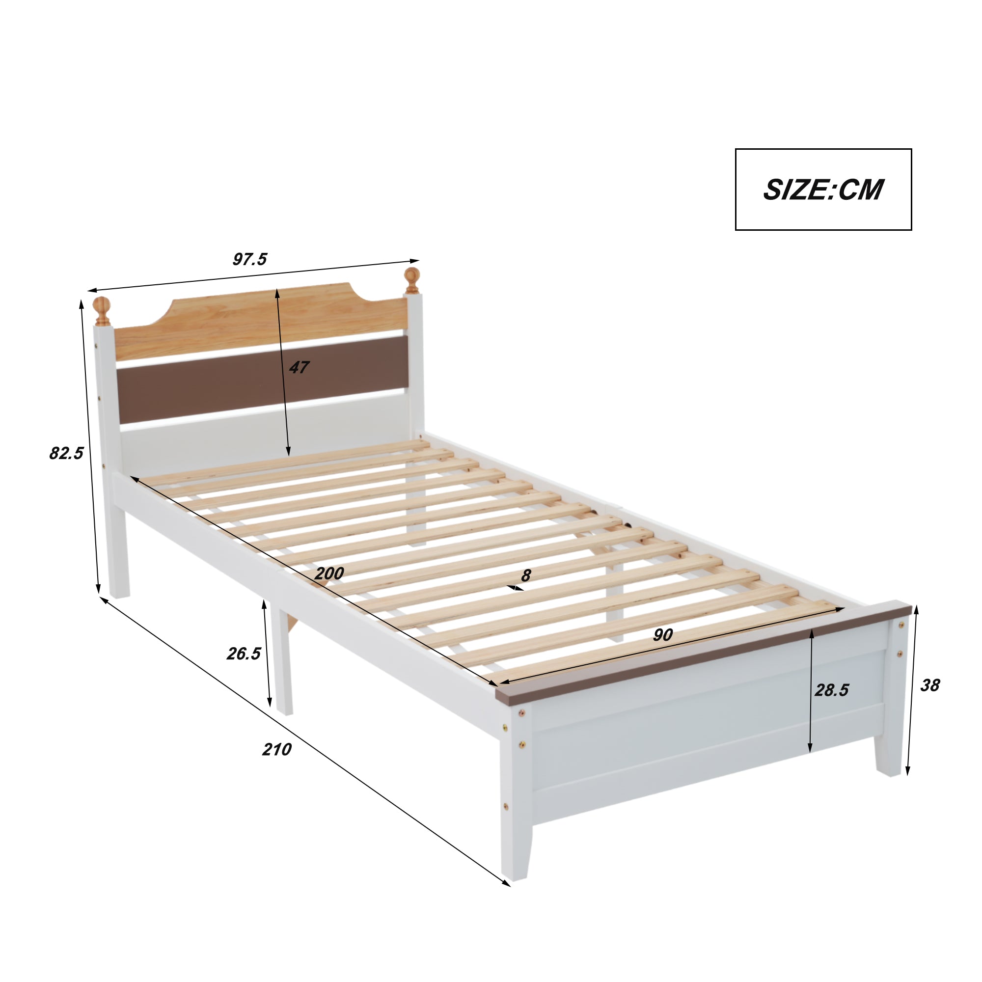 Single Bed Wooden Pine Wood Frame with MDF Head/Footboard 90x200 cm, White