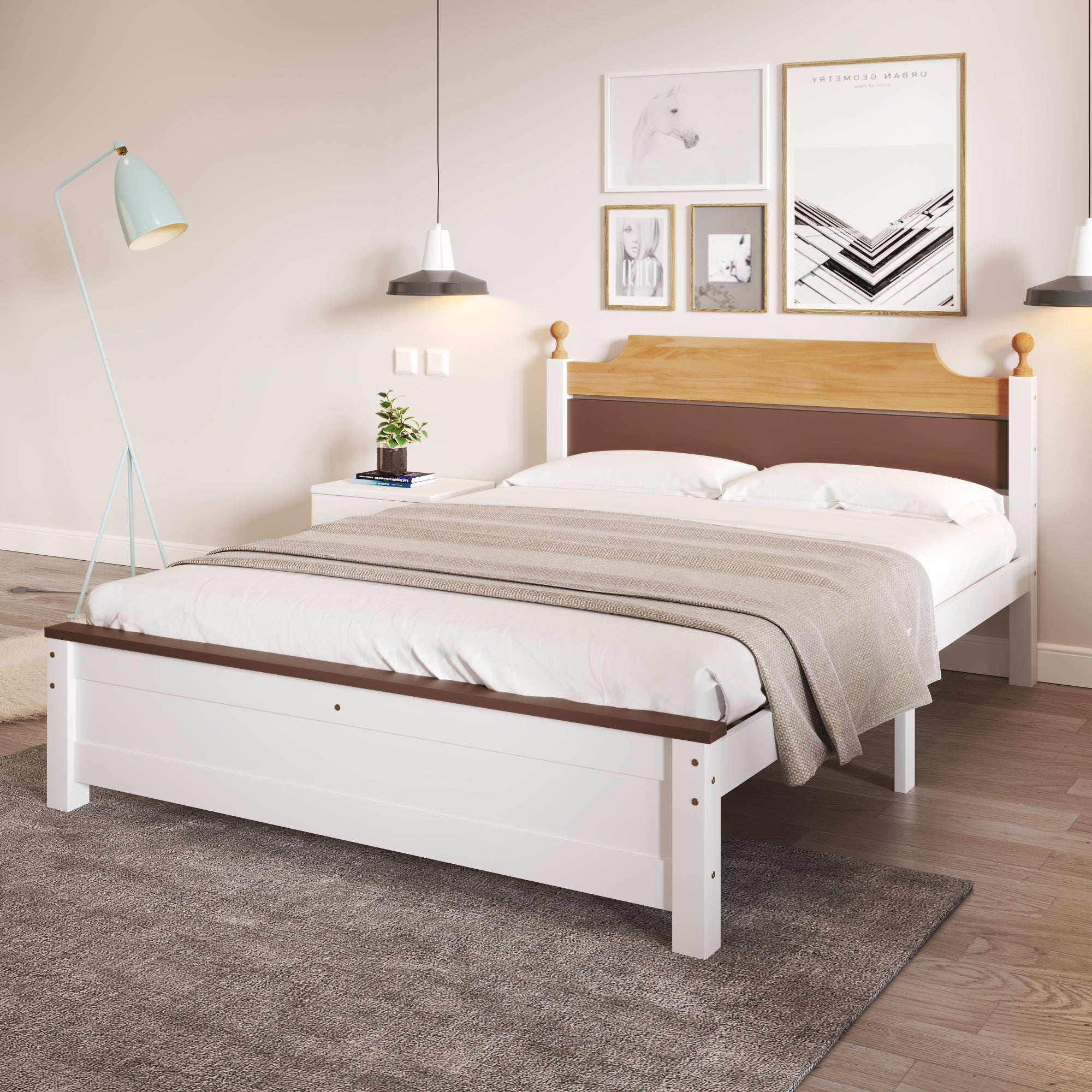 Double Bed, Wooden Pine Frame, MDF Headboard & Footboard, White