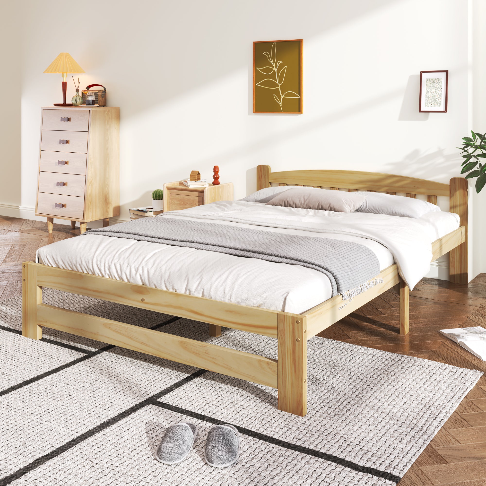 Solid Wood Bed, Futon Double Bed with Headboard & Slatted Frame, Natural, 140x200 cm