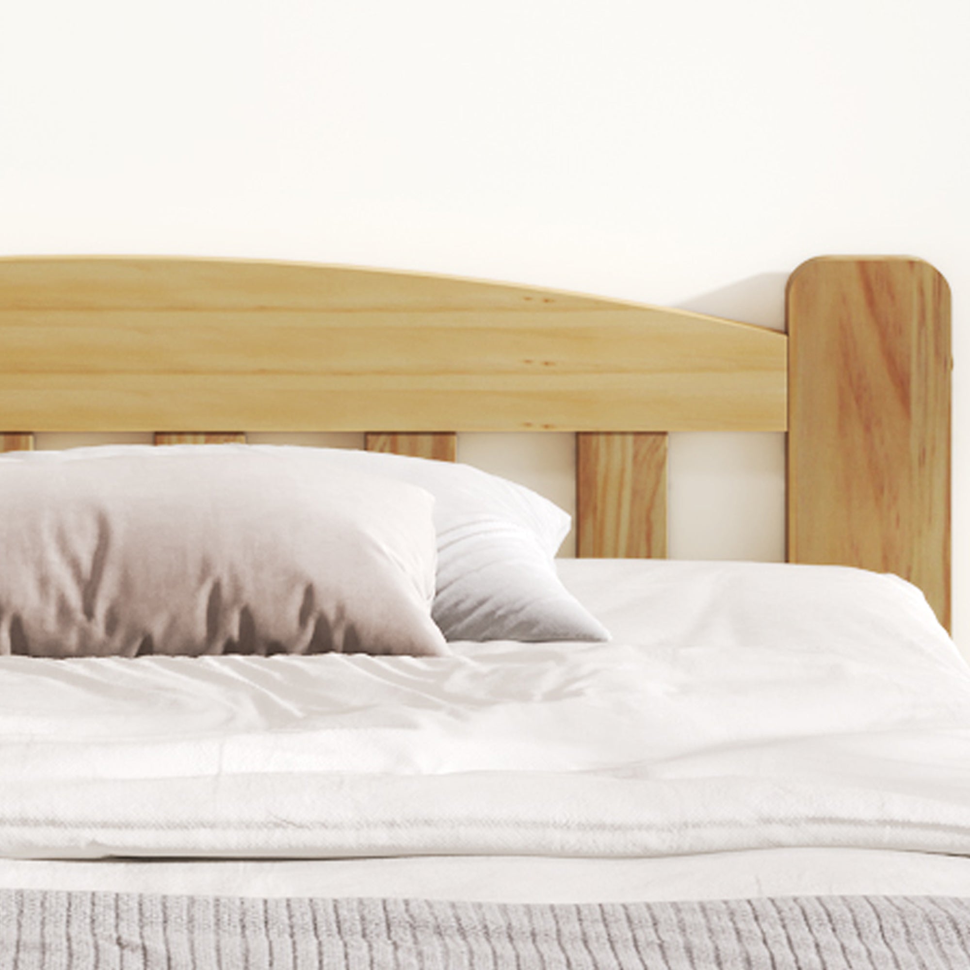 Solid Wood Bed, Futon Double Bed with Headboard & Slatted Frame, Natural, 140x200 cm