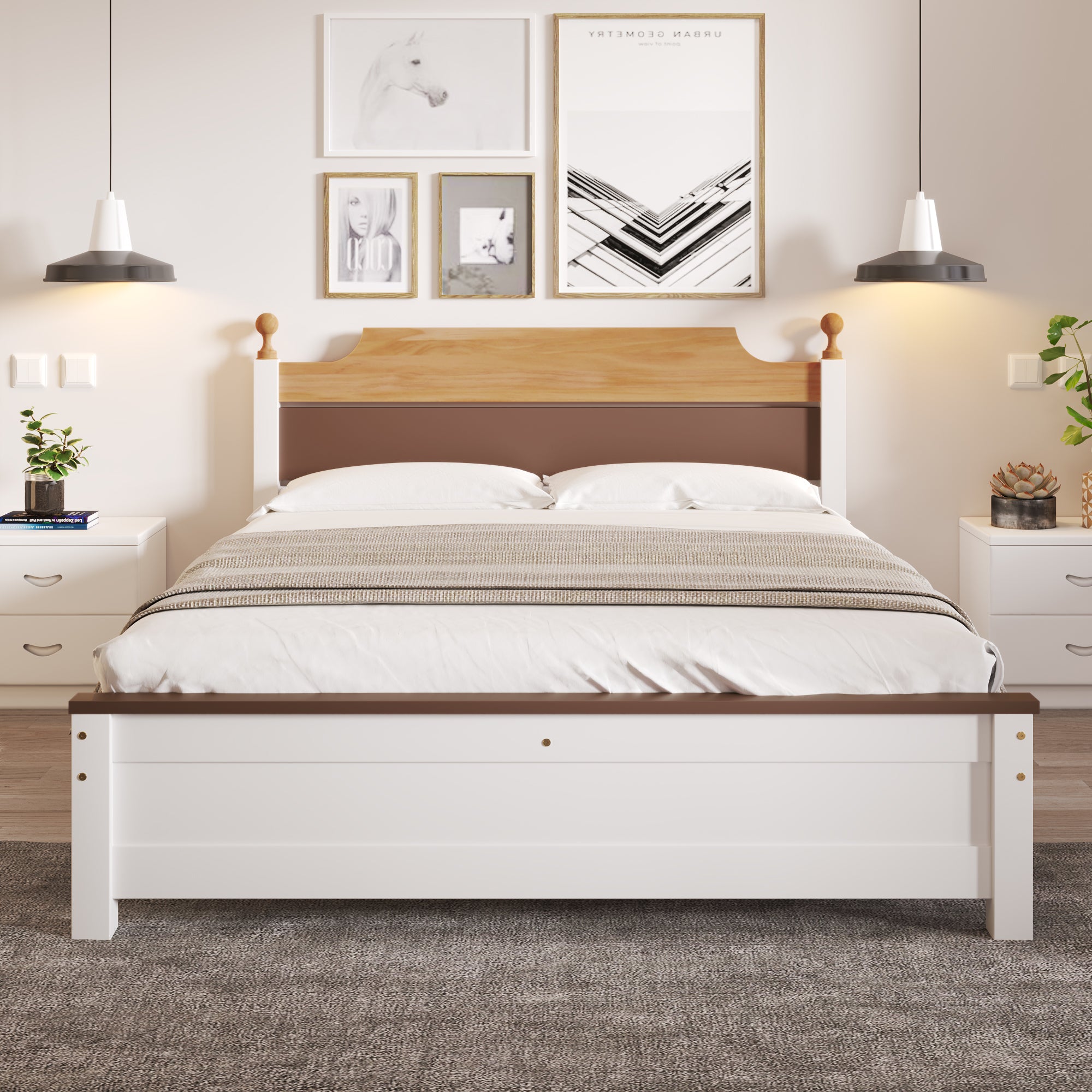 Double Bed, Wooden Pine Frame, MDF Headboard & Footboard, White