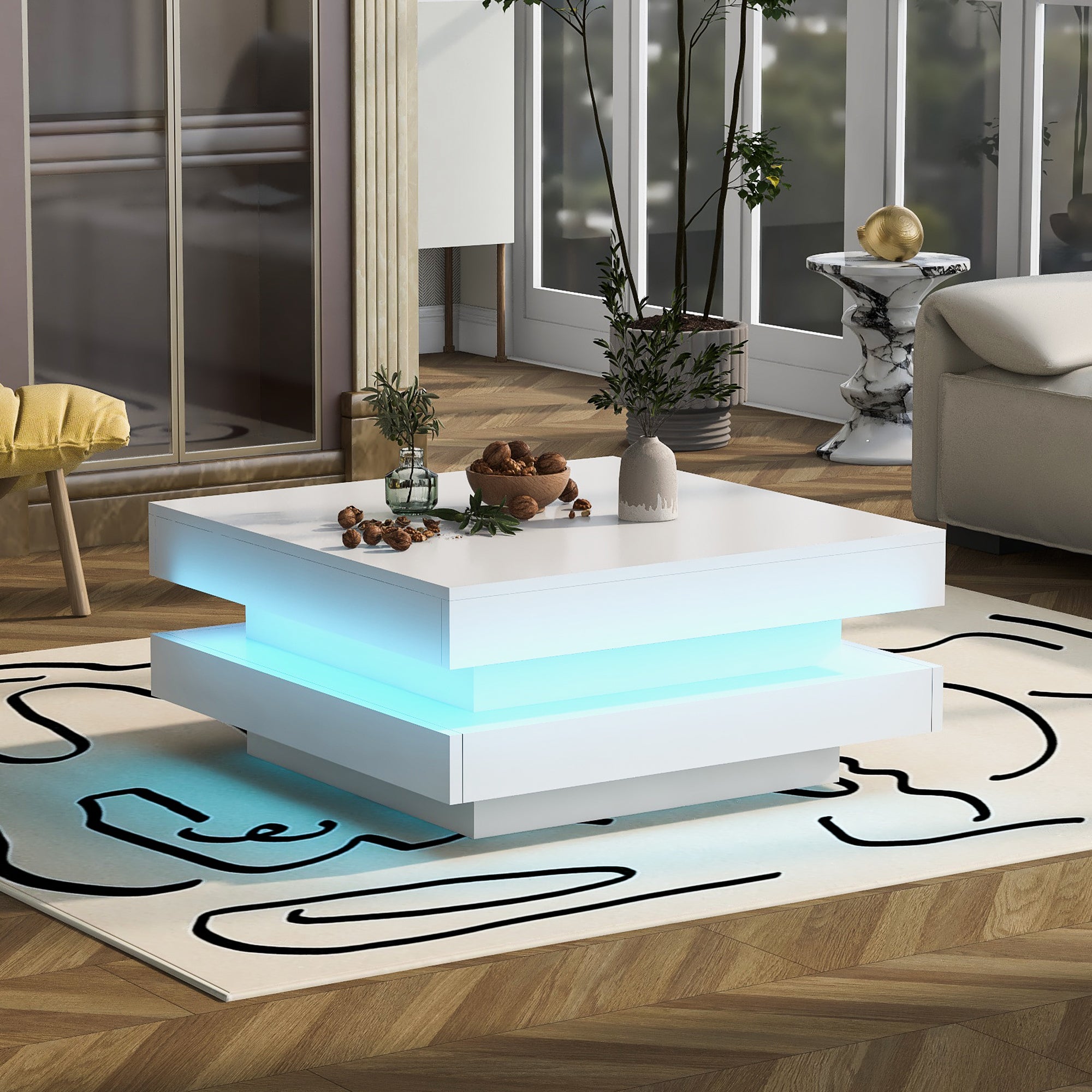Square Coffee Table, Bluetooth LED Strip, 70x70x36 cm, White