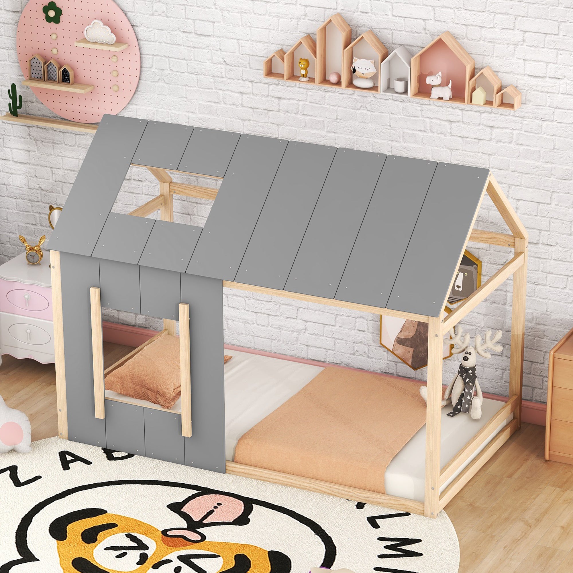 House Children's Bed 90x200cm with Roof and Window - Natural/Grey