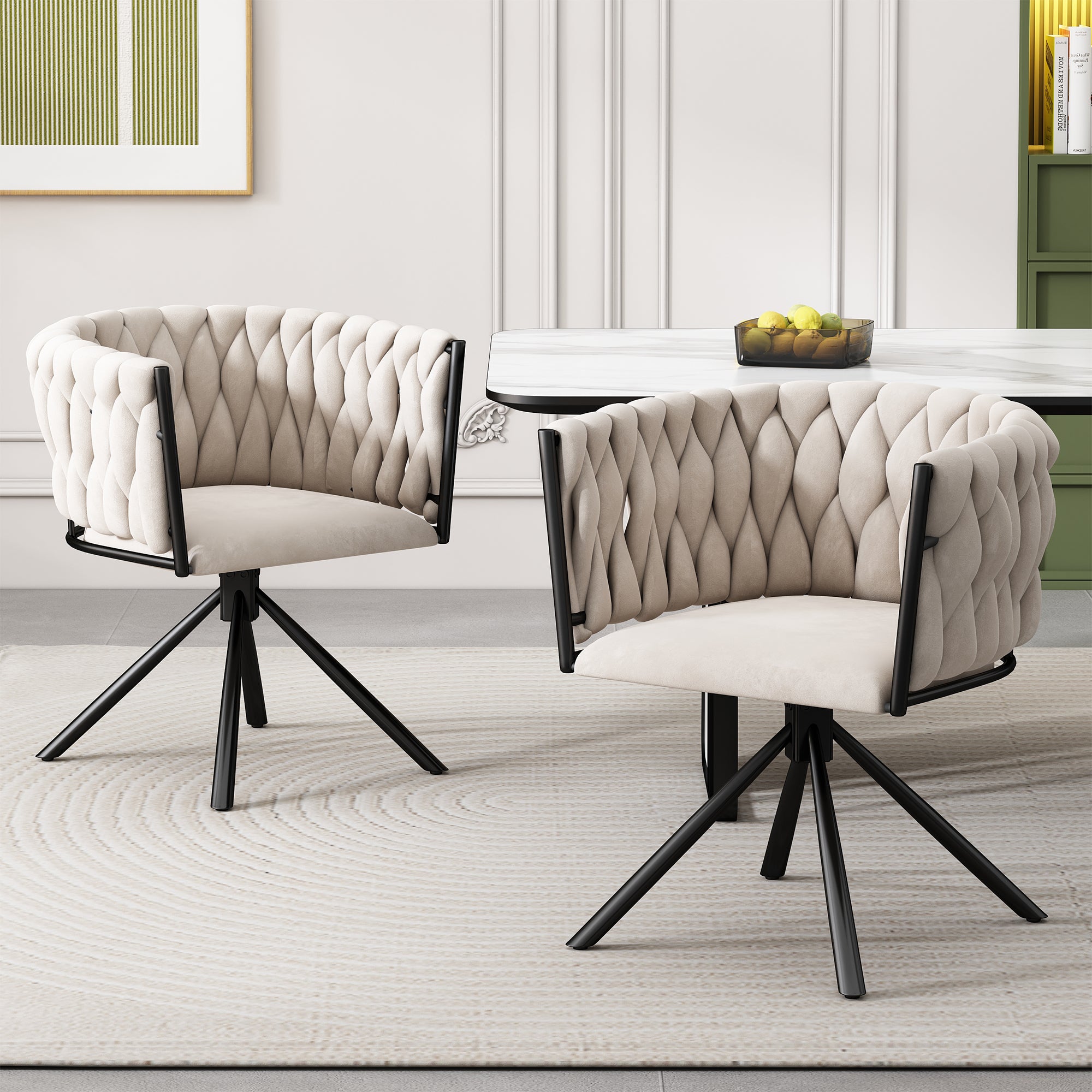 Velvet Dining Chair Single Swivel Metal Legs Beige