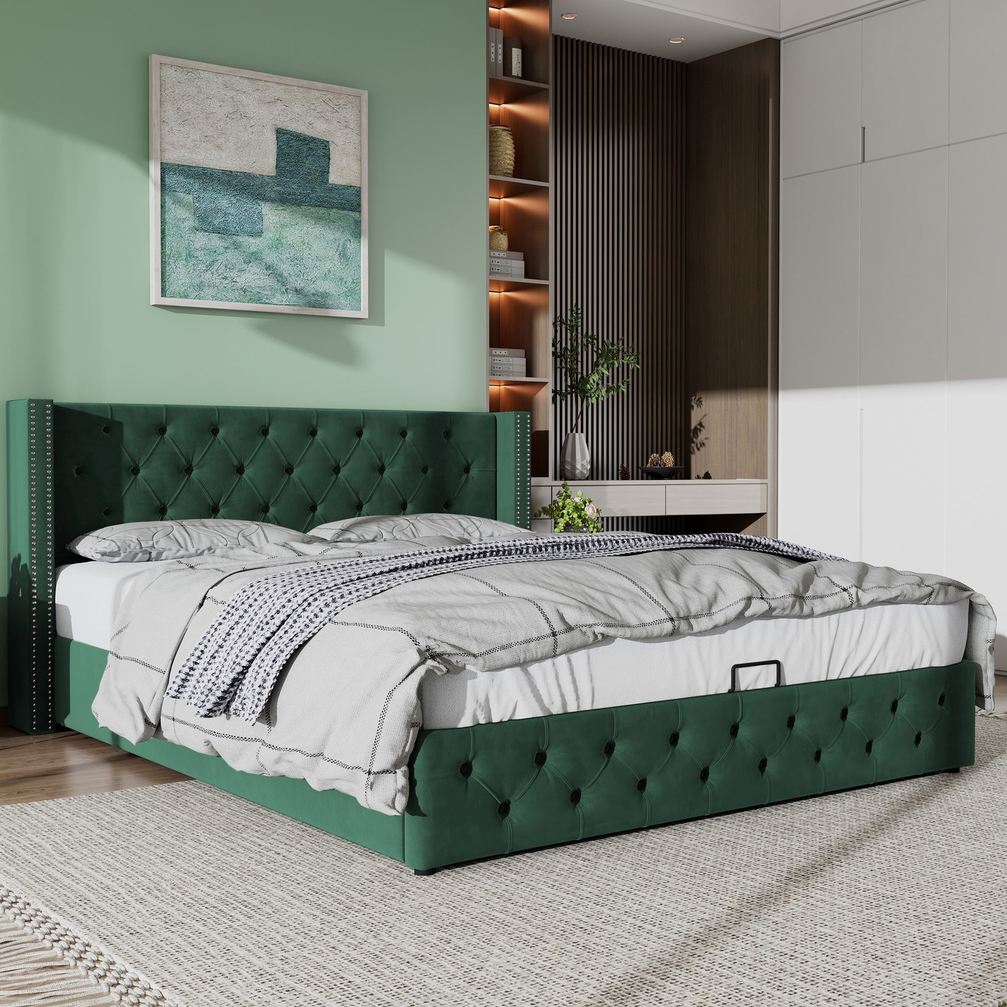 Upholstered Bed, 135x190cm, Hydraulic Lift Storage, Velvet Green