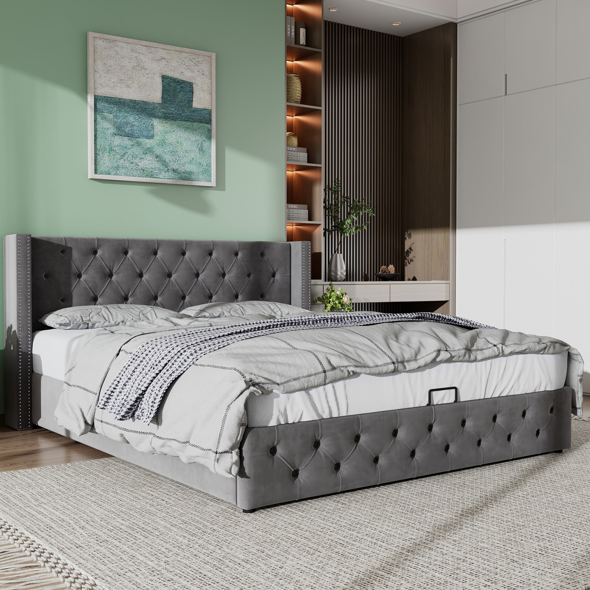 Upholstered Bed, Hydraulic Lift, Storage, 150x200 cm, Grey Velvet