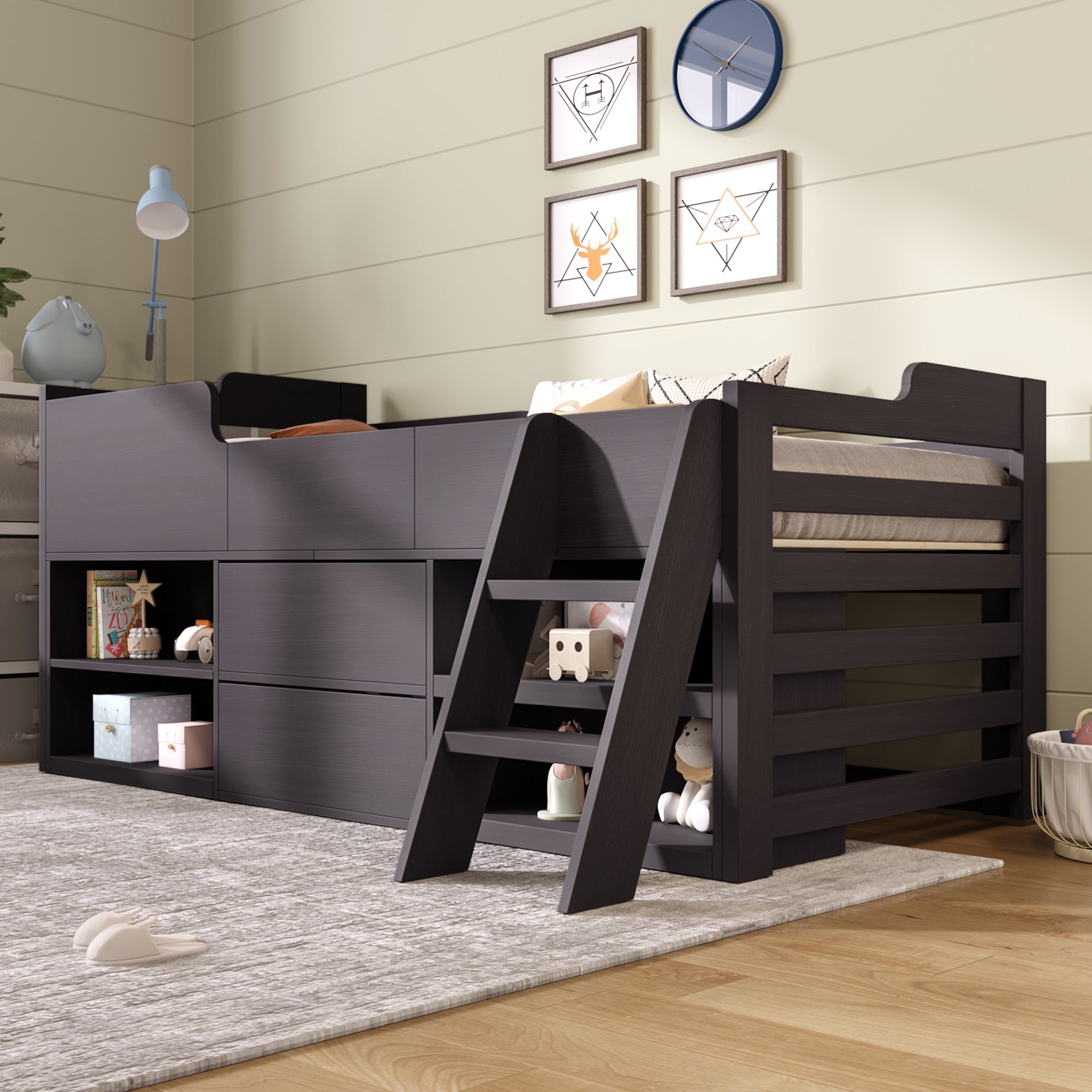 Cabin Bed Mid Sleeper with Drawers & Shelf Storage, 3ft Single Wooden Frame