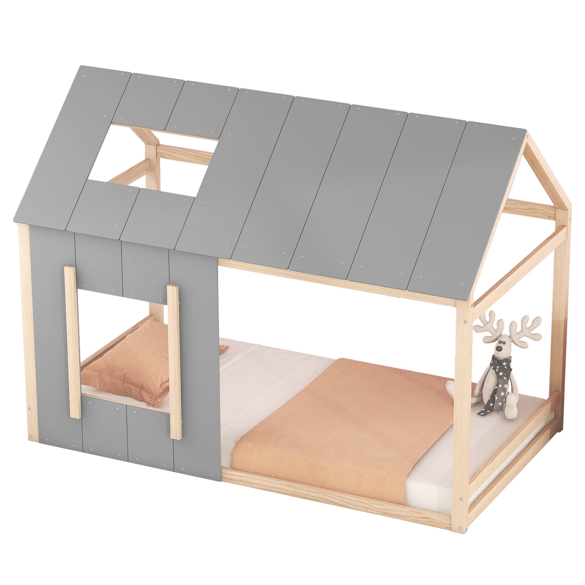 House Children's Bed 90x200cm with Roof and Window - Natural/Grey