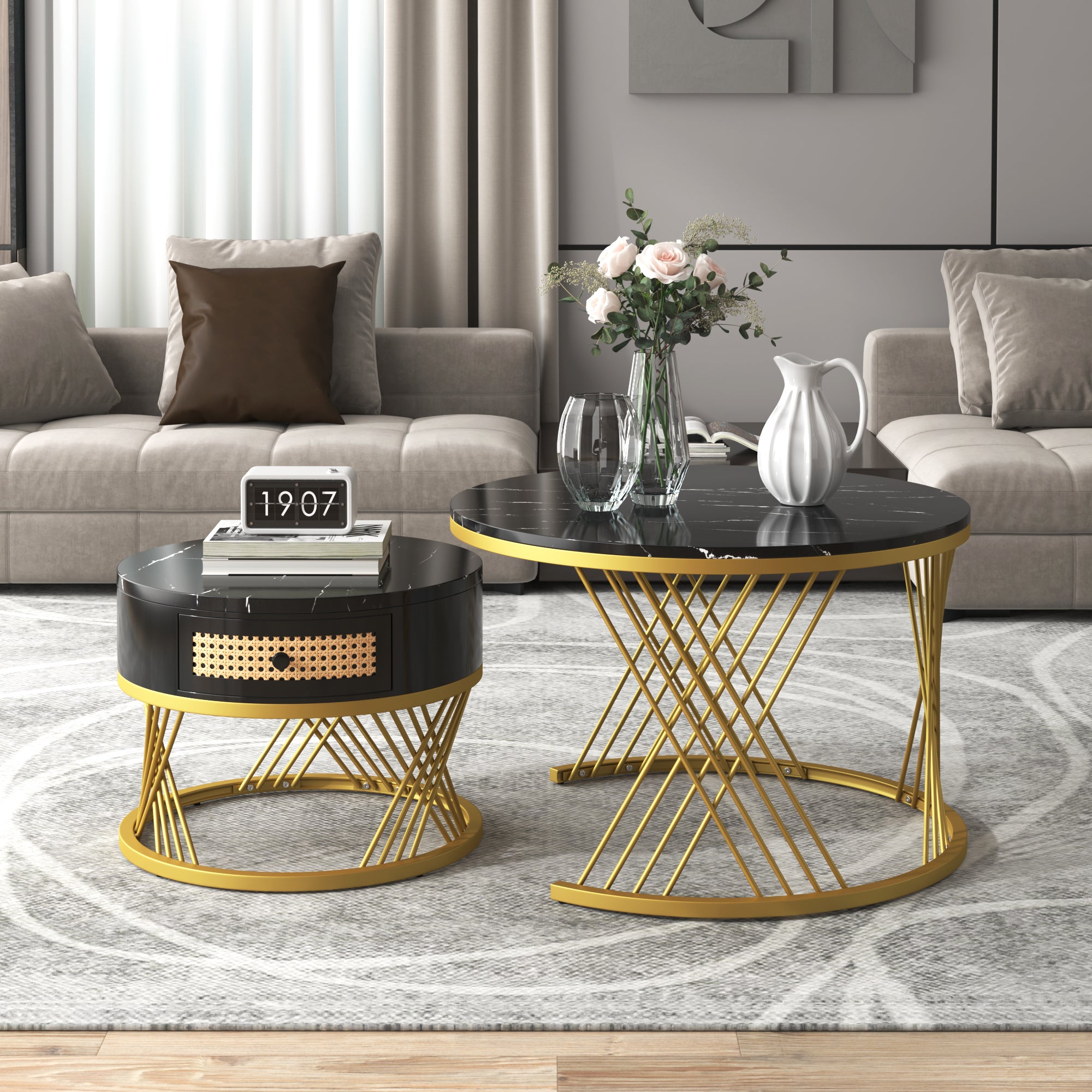 2-in-1 Round Coffee Table, Marble Top, Rattan Drawers, MDF & Gold