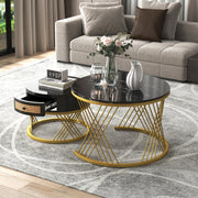 2-in-1 Round Coffee Table, Marble Top, Rattan Drawers, MDF & Gold
