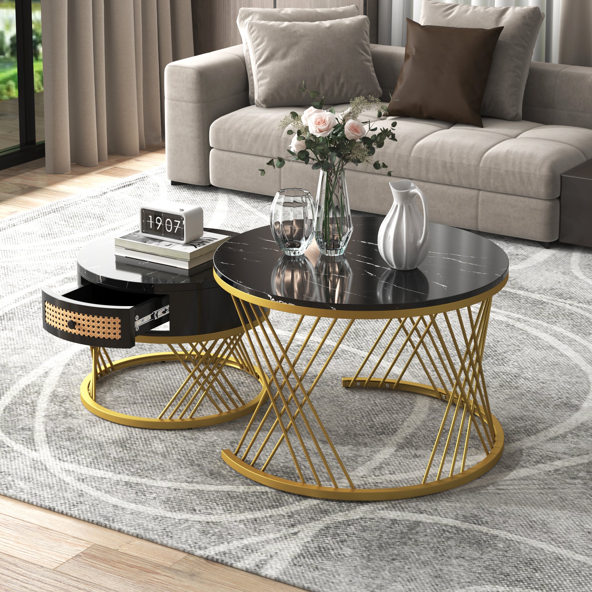 2-in-1 Round Coffee Table, Marble Top, Rattan Drawers, MDF & Gold