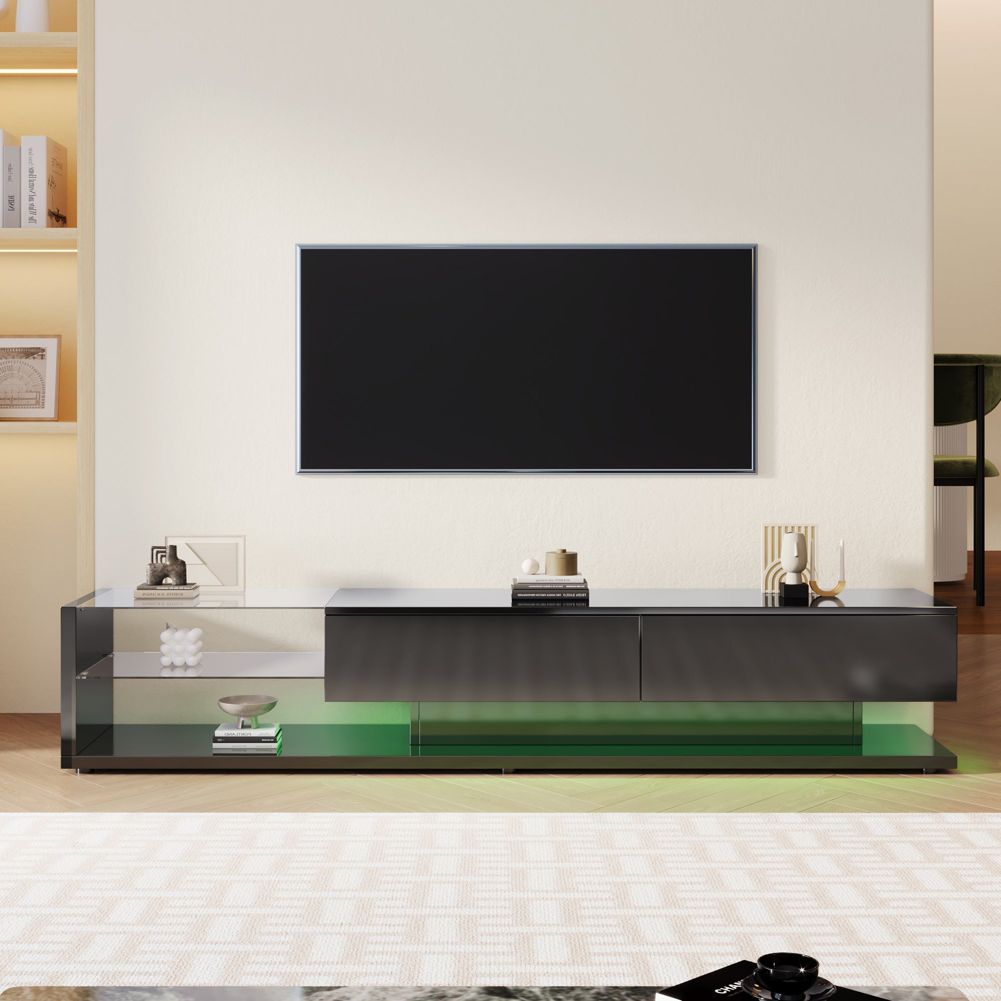 TV Cabinet, High-Gloss with Glass Partitions & LED Lighting, Rustic/Modern Design