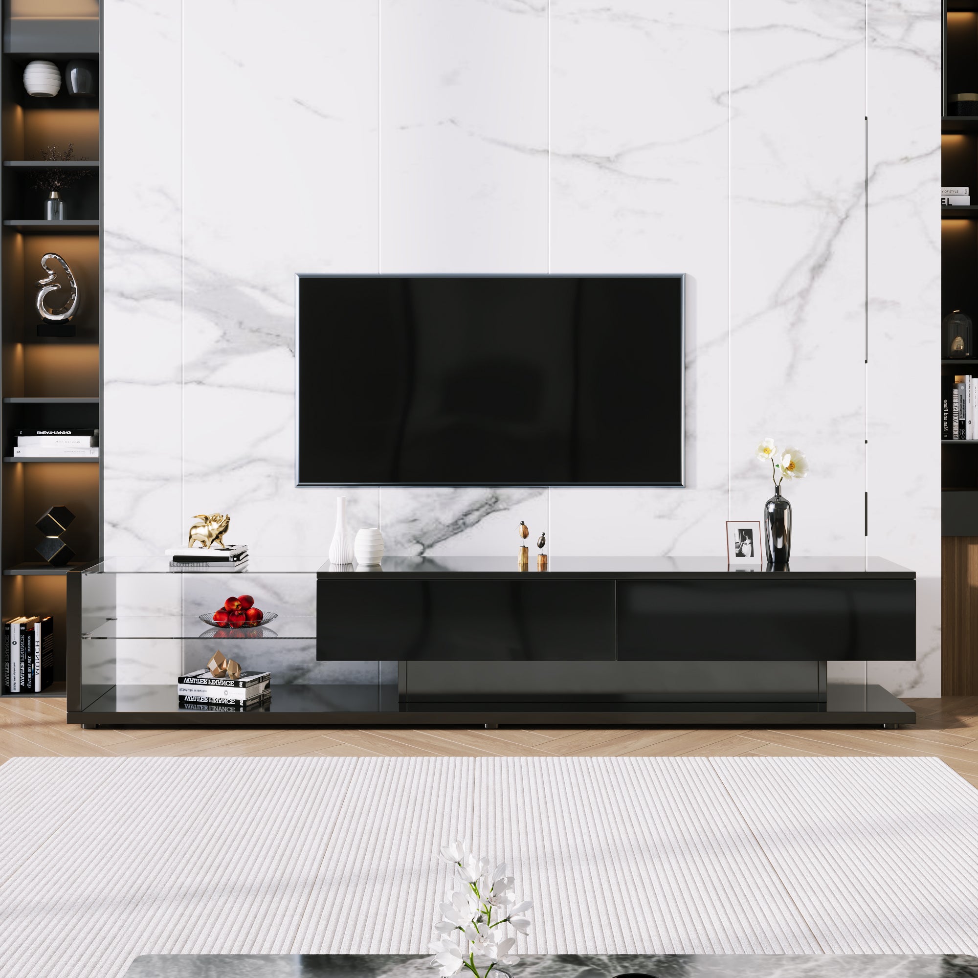 TV Cabinet, High-Gloss with Glass Partitions & LED Lighting, Rustic/Modern Design
