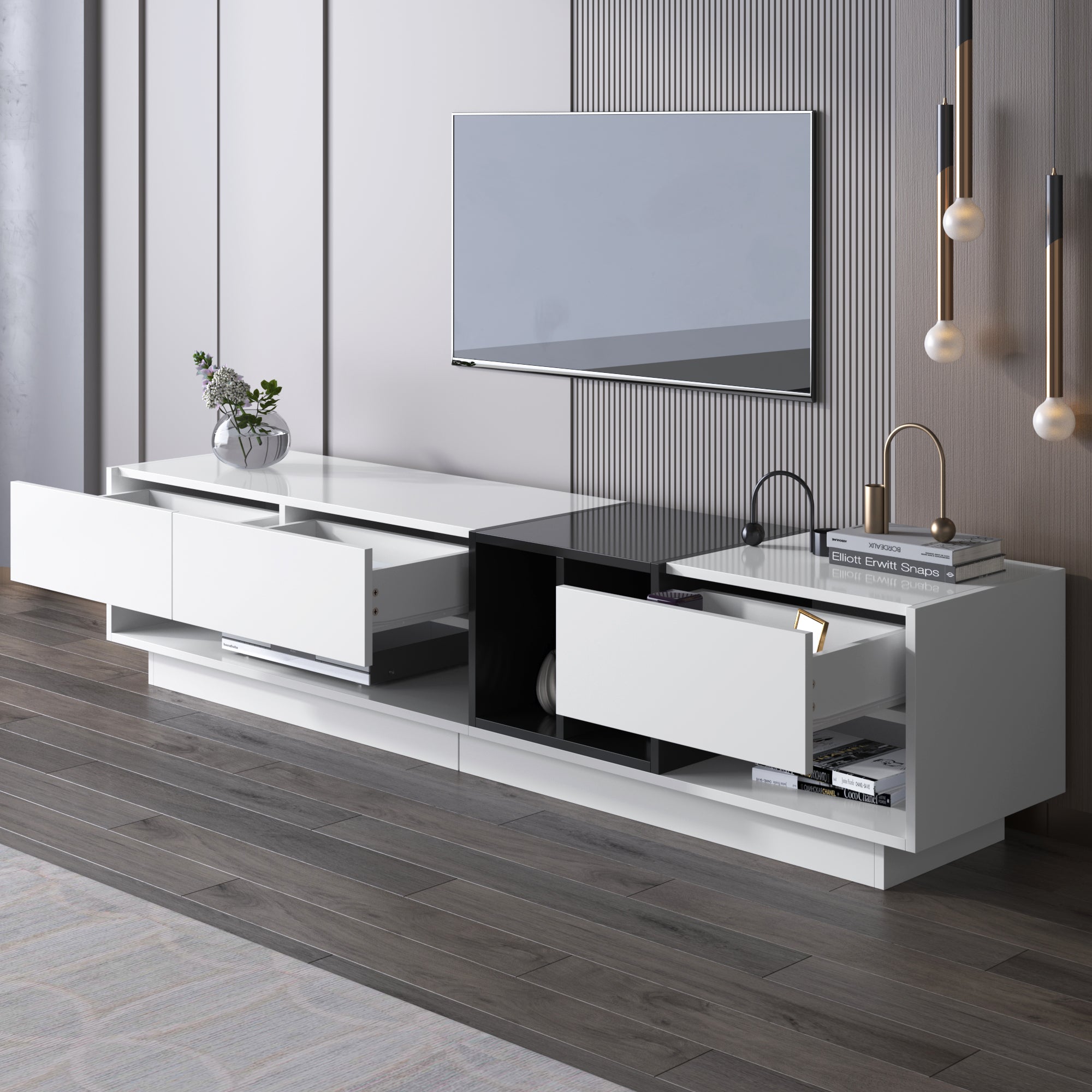 TV Cabinet Lowboard, Color-Blocking Design with Drawers & Compartments, High-Gloss White and Black