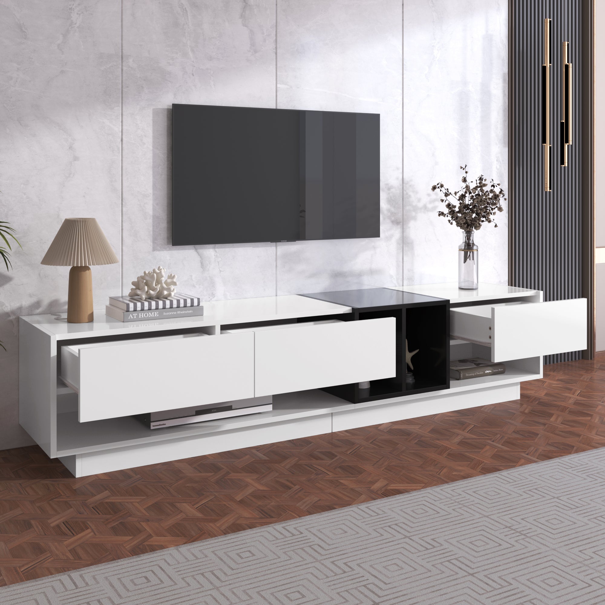 TV Cabinet Lowboard, Color-Blocking Design with Drawers & Compartments, High-Gloss White and Black