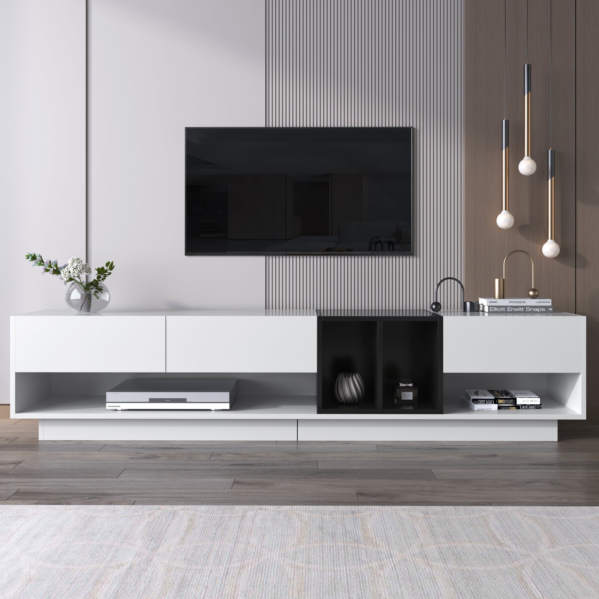 TV Cabinet Lowboard, Color-Blocking Design with Drawers & Compartments, High-Gloss White and Black