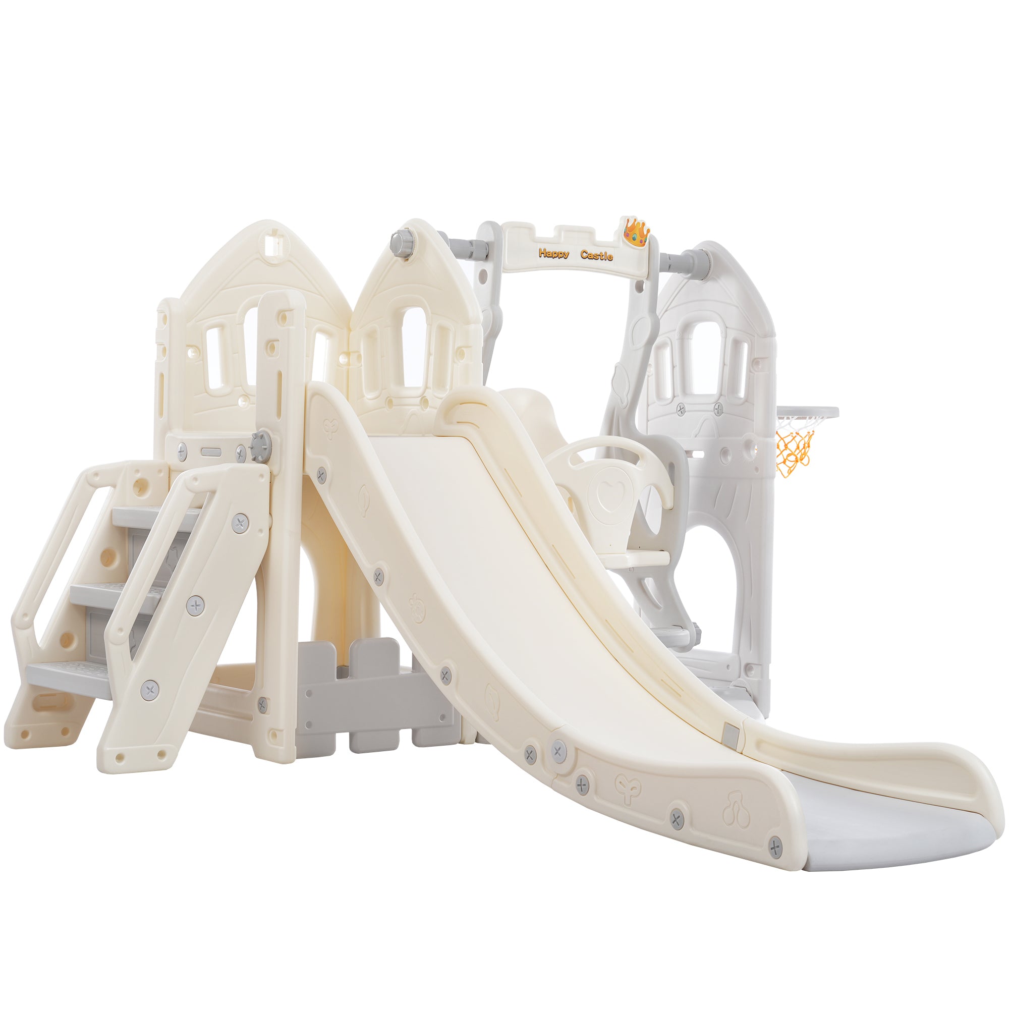 Children's Slide Set with Swing, 5-in-1, Climbing, Storage, Basketball Frame, Indoor