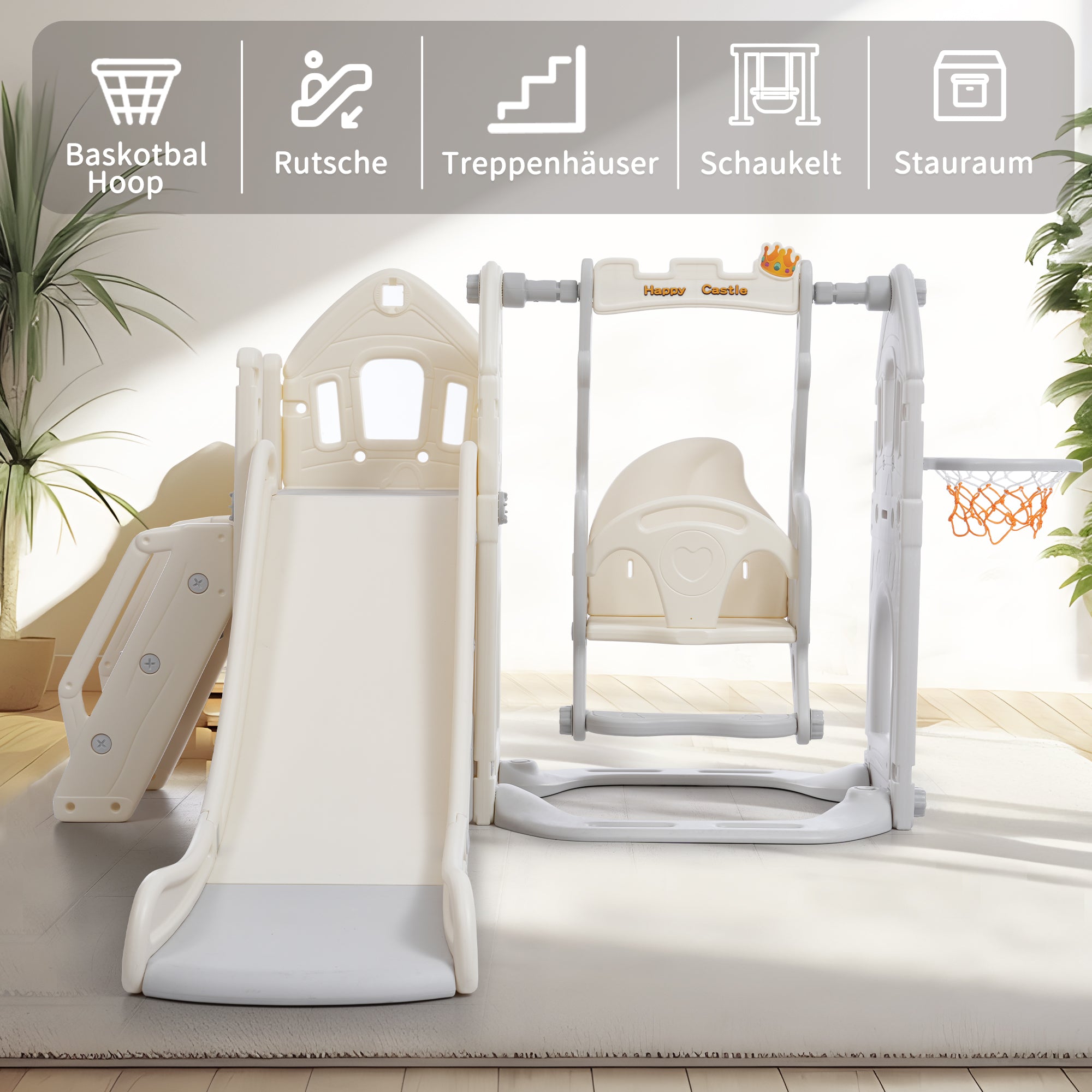 Children's Slide Set with Swing, 5-in-1, Climbing, Storage, Basketball Frame, Indoor