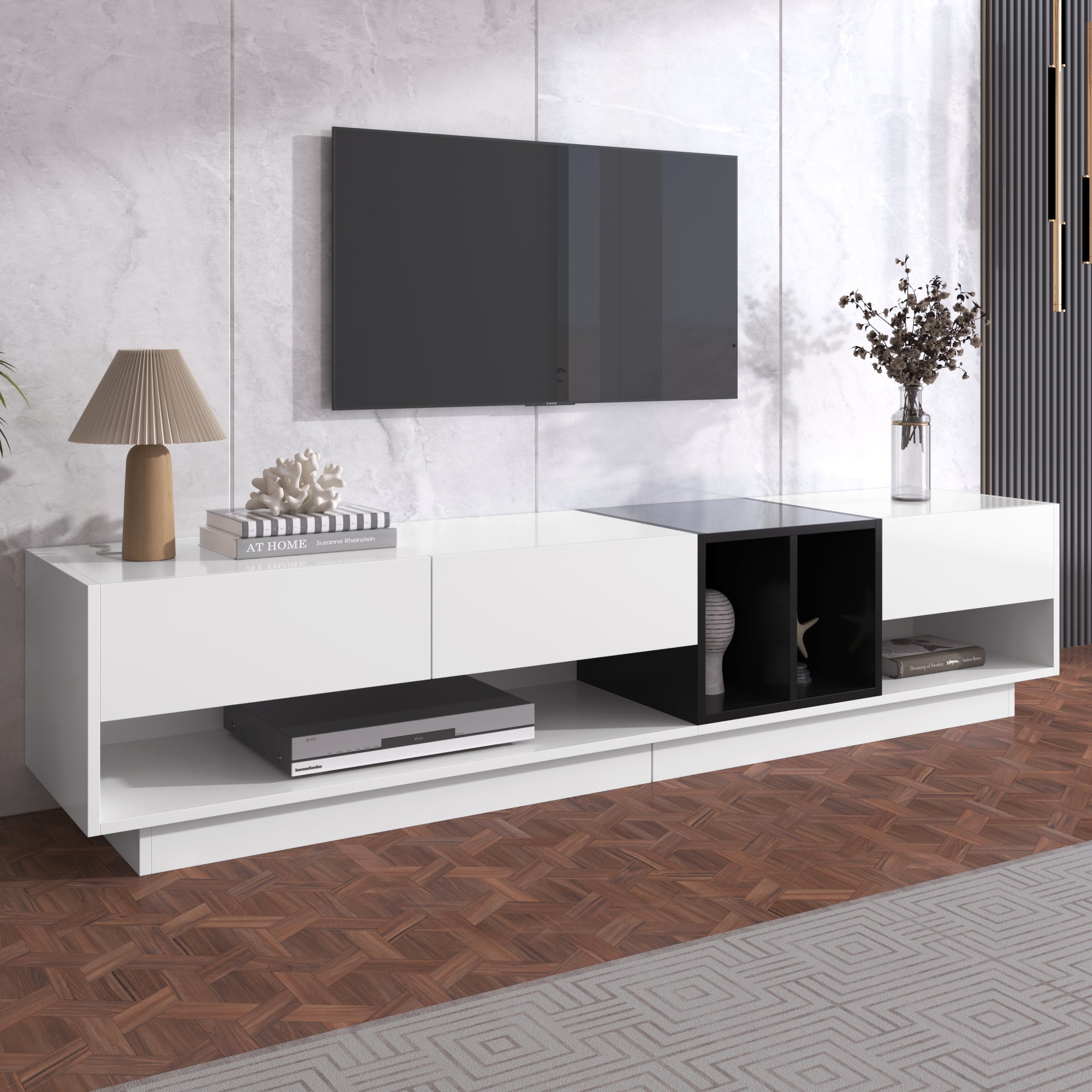 TV Cabinet Lowboard, Color-Blocking Design with Drawers & Compartments, High-Gloss White and Black