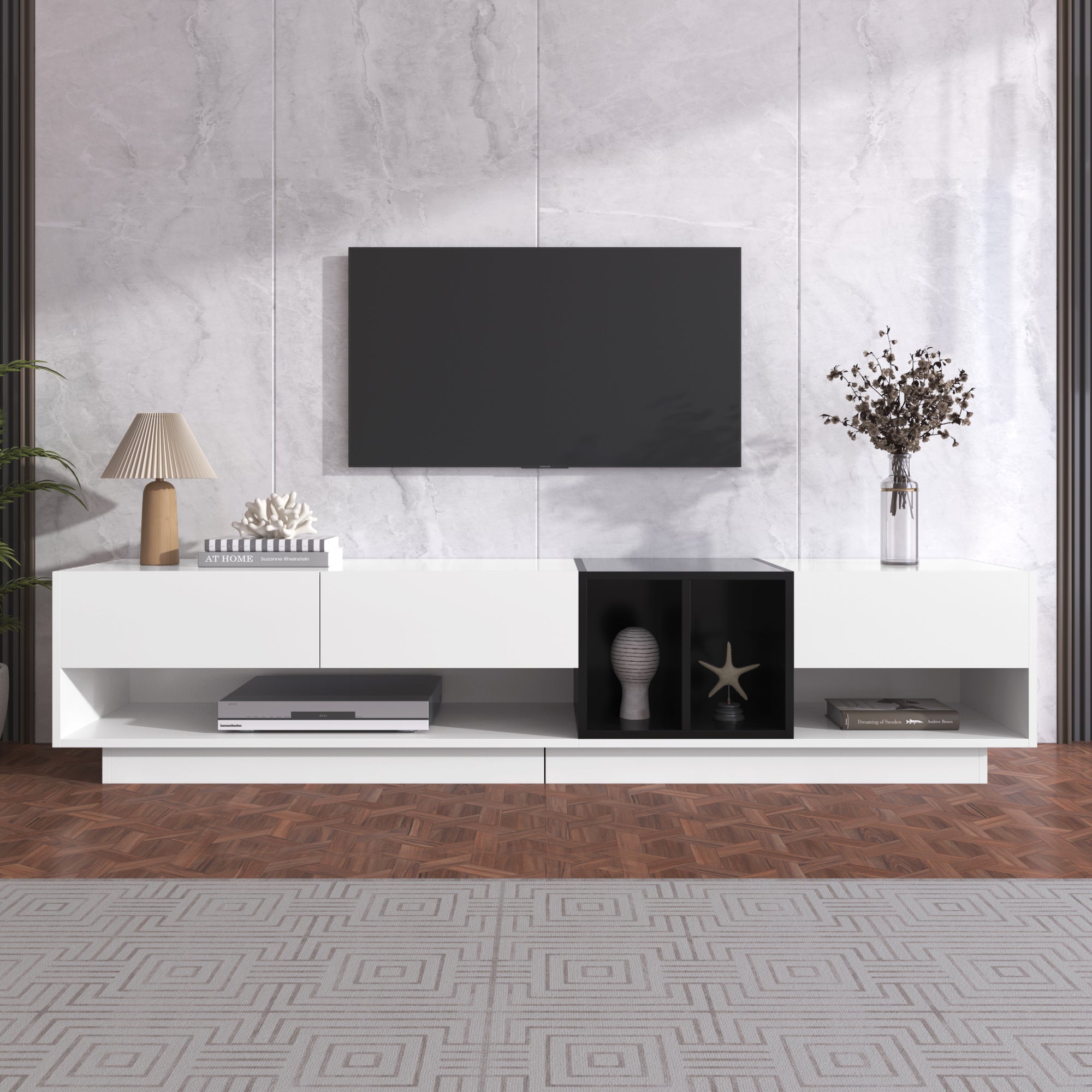 TV Cabinet Lowboard, Color-Blocking Design with Drawers & Compartments, High-Gloss White and Black