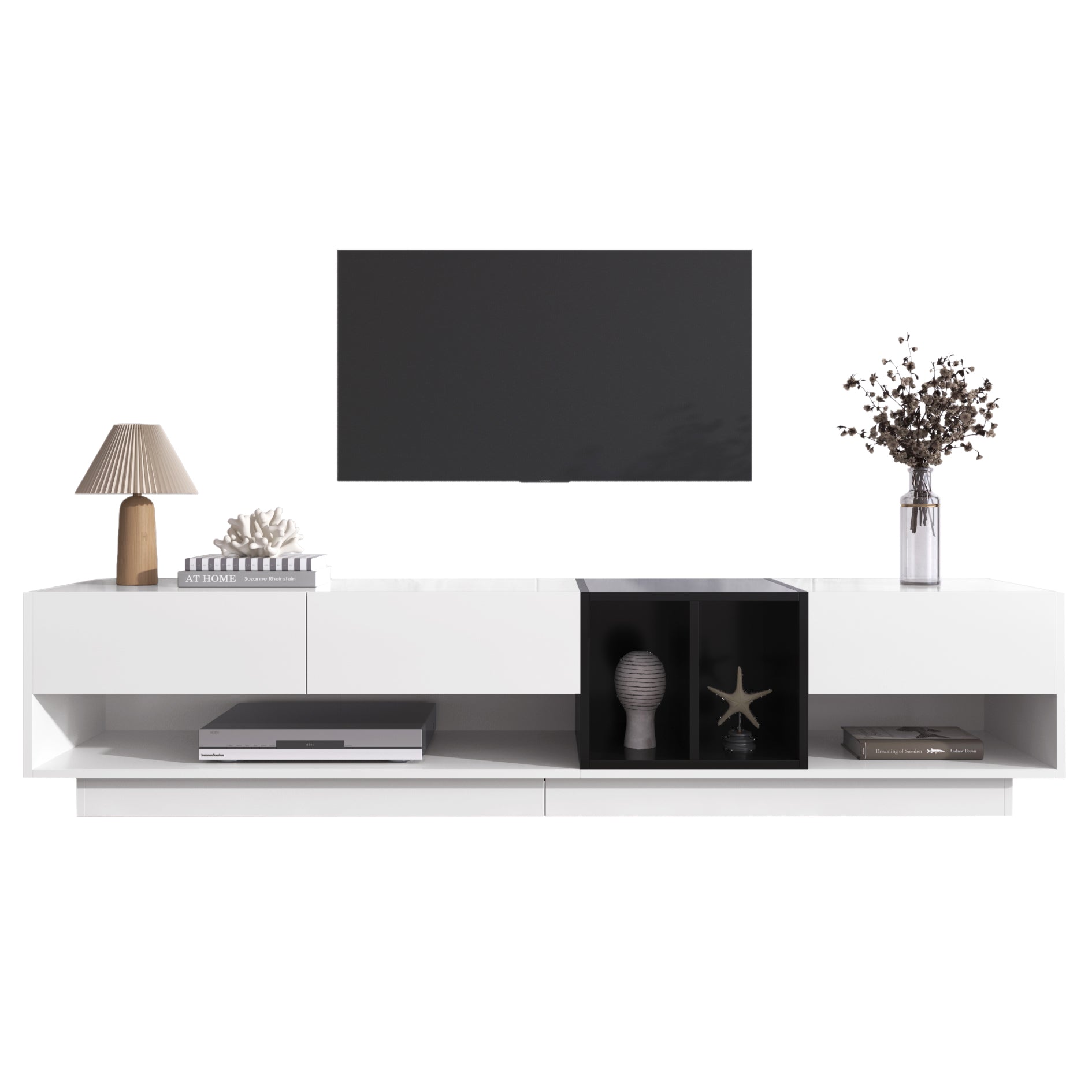 TV Cabinet Lowboard, Color-Blocking Design with Drawers & Compartments, High-Gloss White and Black