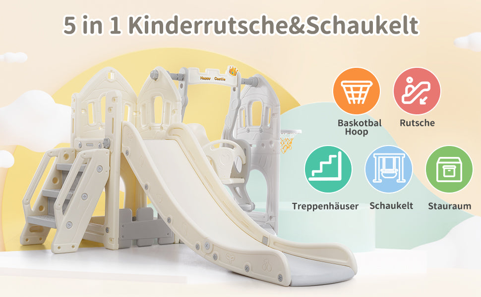 Children's Slide Set with Swing, 5-in-1, Climbing, Storage, Basketball Frame, Indoor