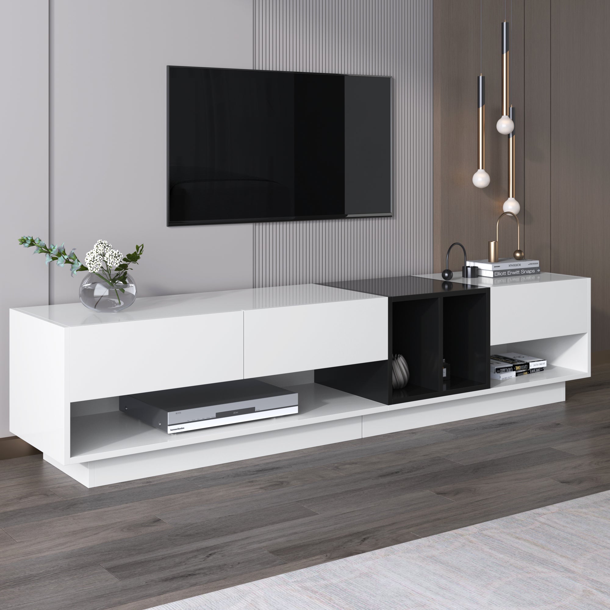 TV Cabinet Lowboard, Color-Blocking Design with Drawers & Compartments, High-Gloss White and Black