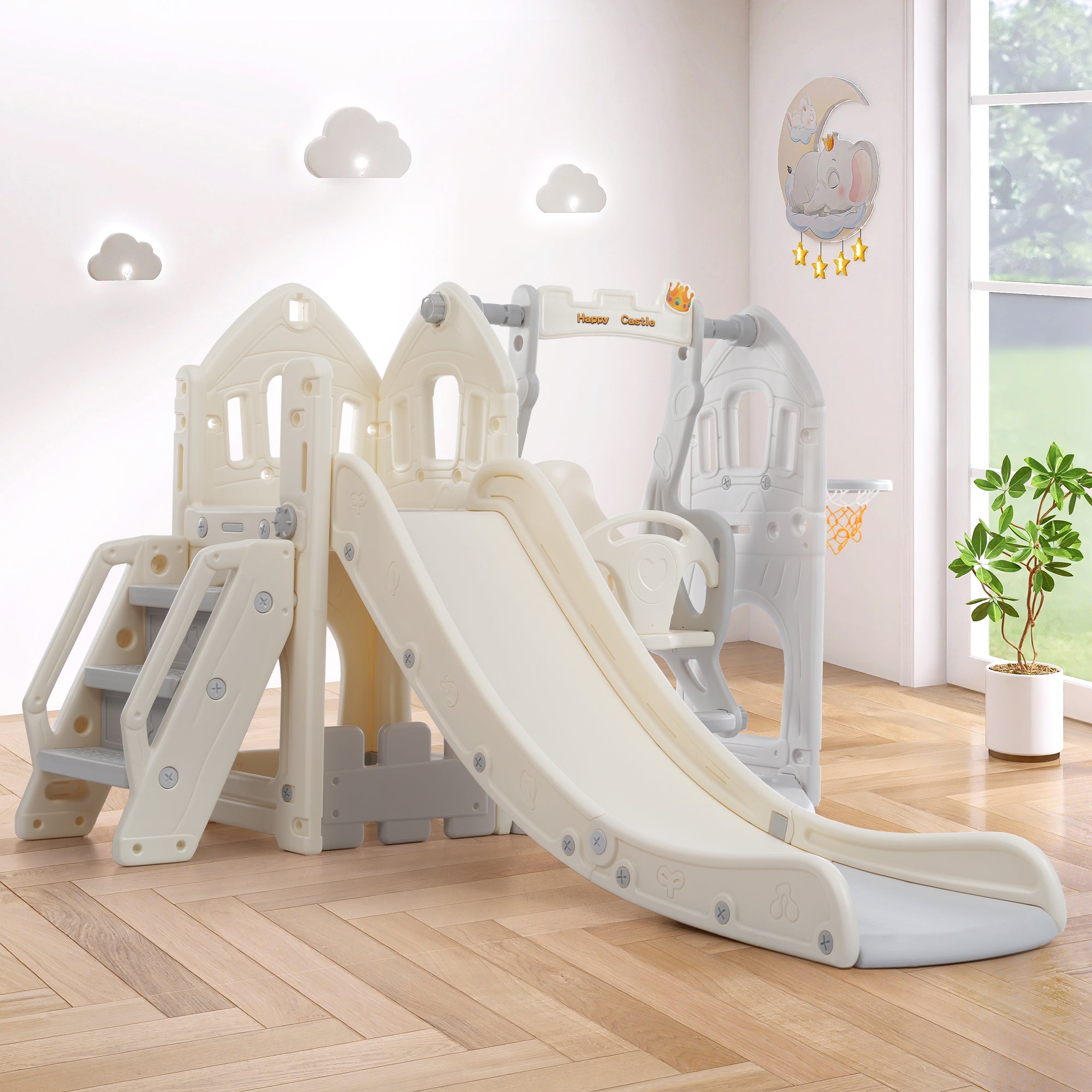 Children's Slide Set with Swing, 5-in-1, Climbing, Storage, Basketball Frame, Indoor