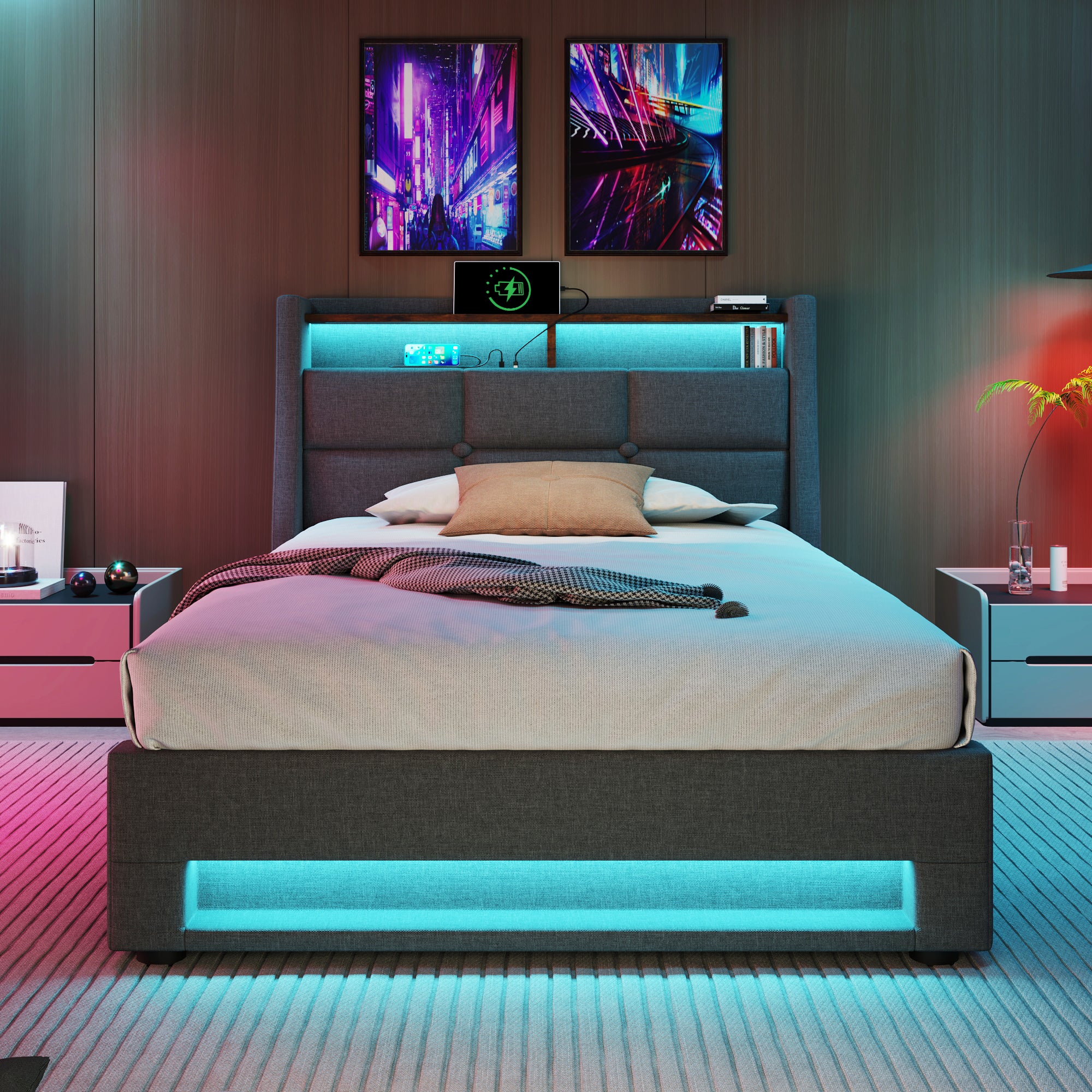 Upholstered Single Bed 90x200cm USB LED Metal Frame Linen