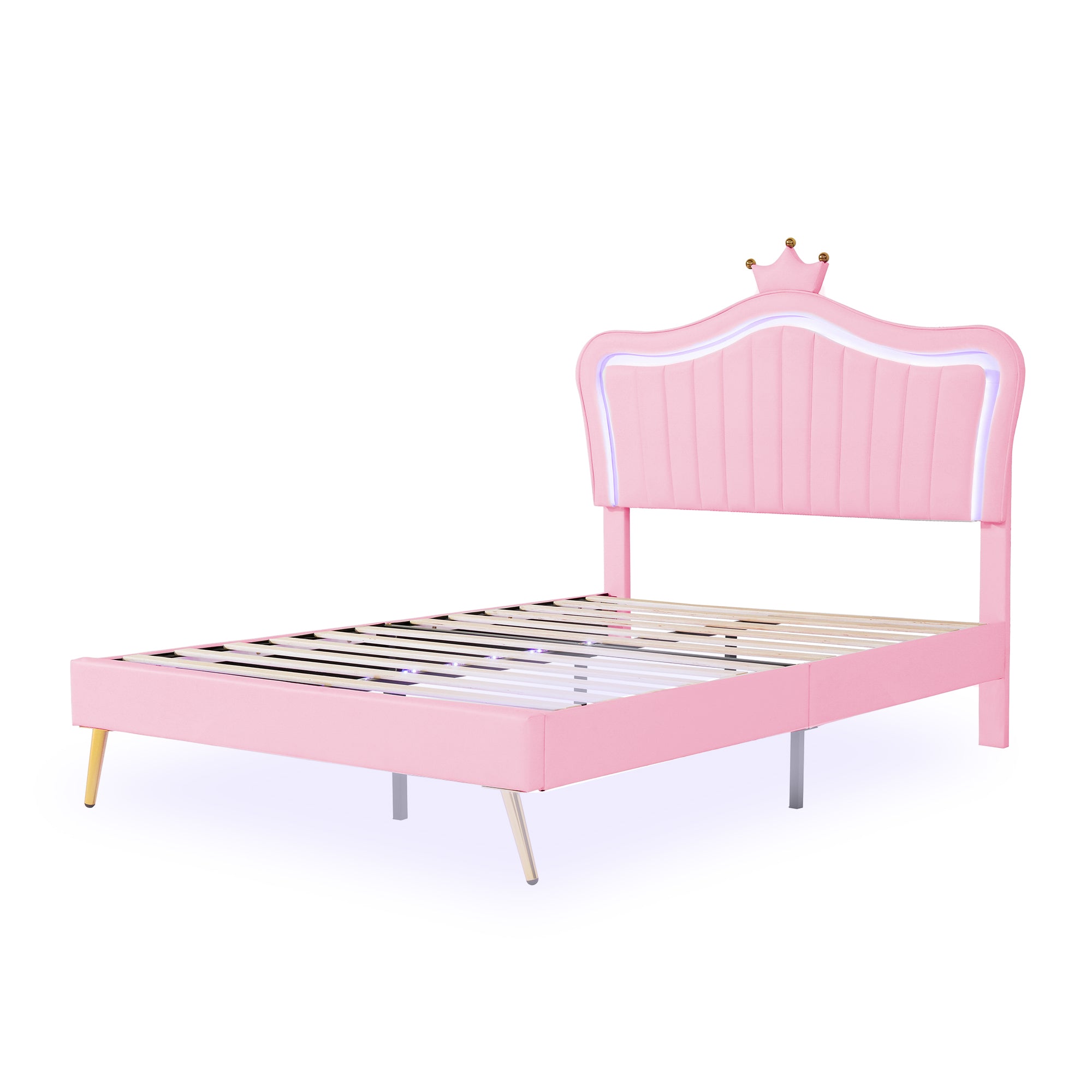 Children's Bed Upholstered 140x200cm LED Lights Slatted Frame, Pink PU Leather