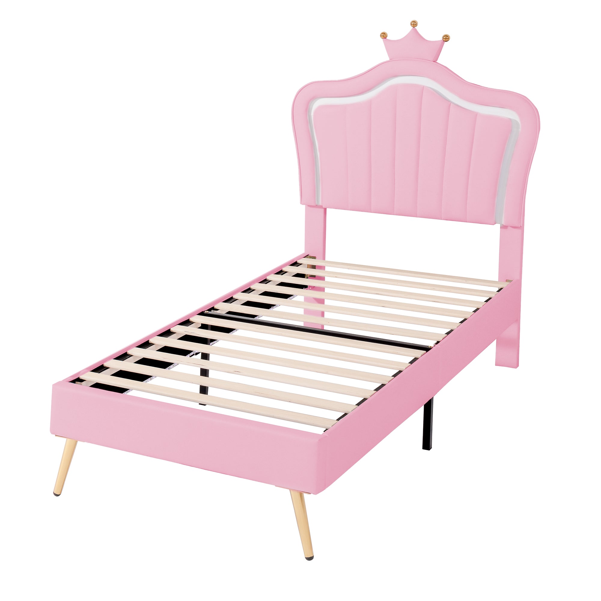 Children's Bed Upholstered Crown Bed Frame with LED Lights & Slatted Frame, Pink PU Leather