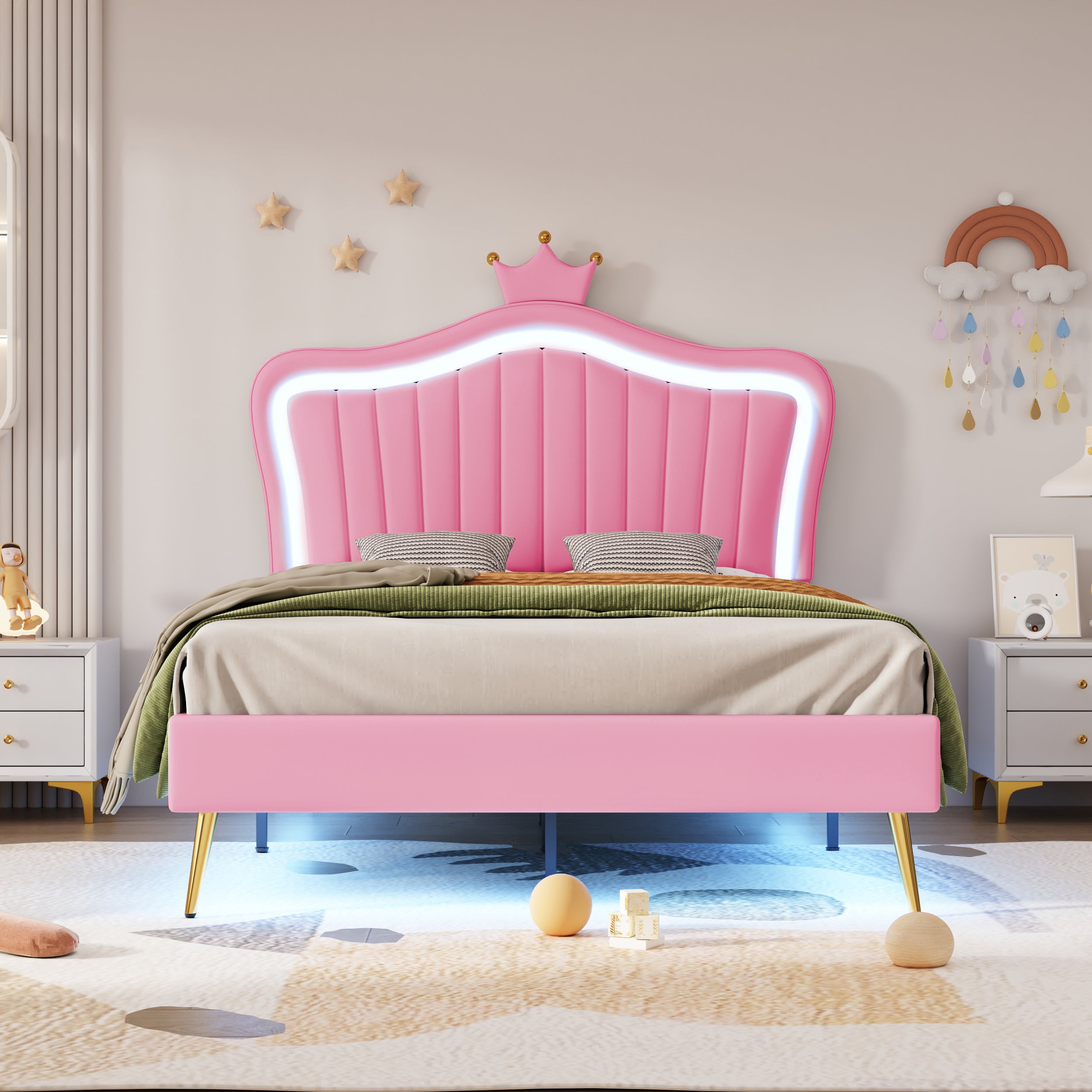 Children's Bed Upholstered Crown Bed Frame with LED Lights & Slatted Frame, Pink PU Leather