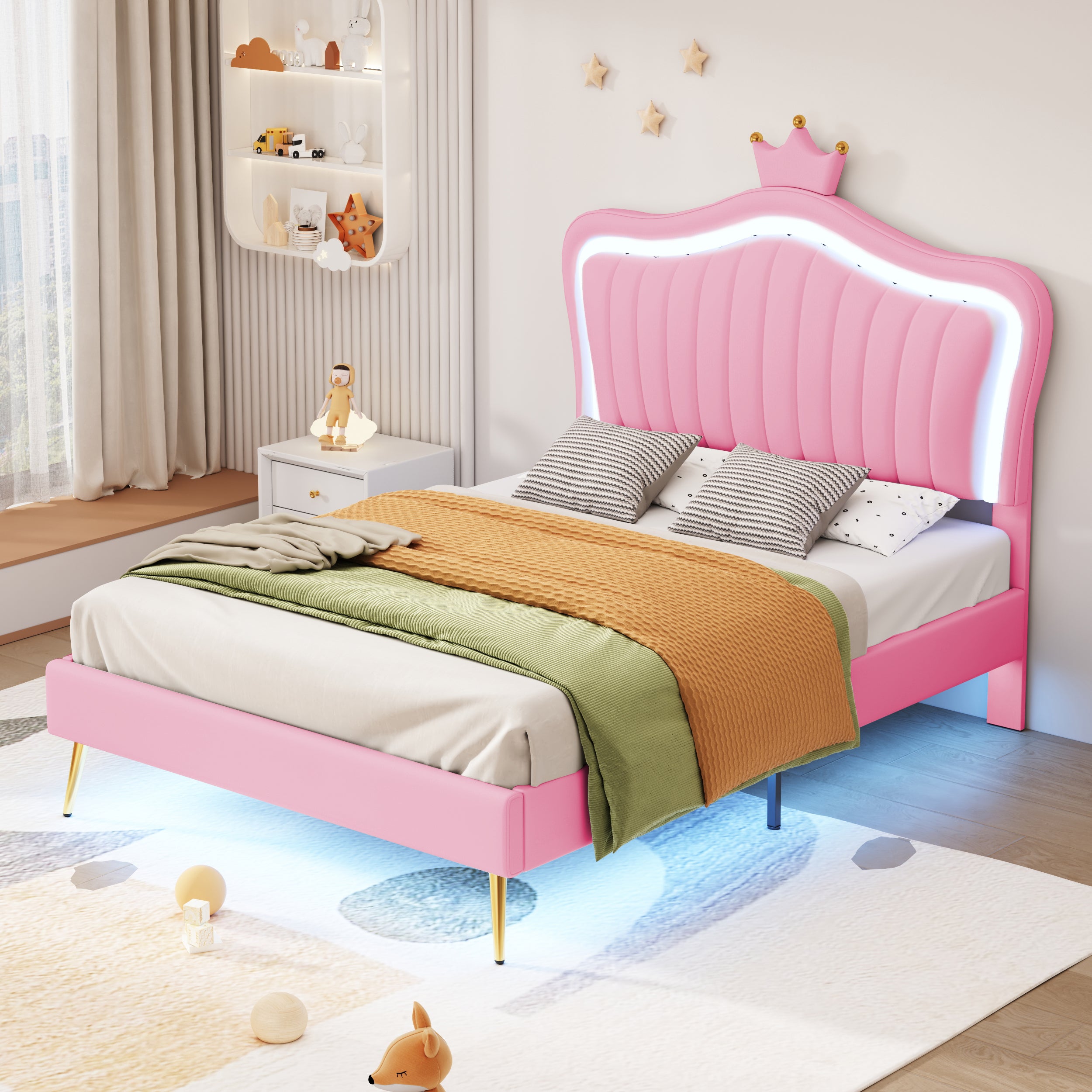 Children's Bed Upholstered Crown Bed Frame with LED Lights & Slatted Frame, Pink PU Leather