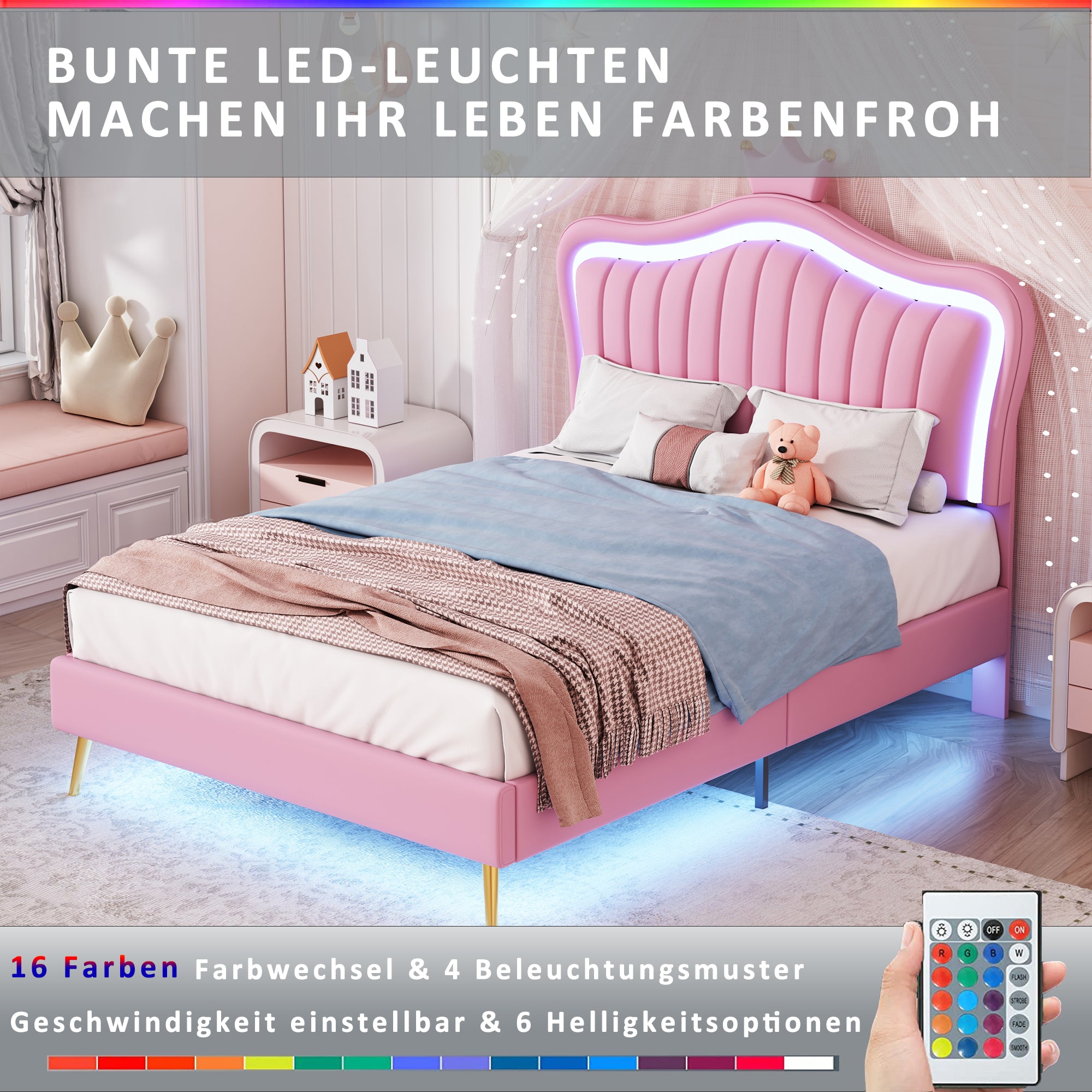 Children's Bed Upholstered Crown Bed Frame with LED Lights & Slatted Frame, Pink PU Leather