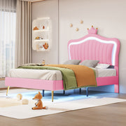 Children's Bed Upholstered Crown Bed Frame with LED Lights & Slatted Frame, Pink PU Leather