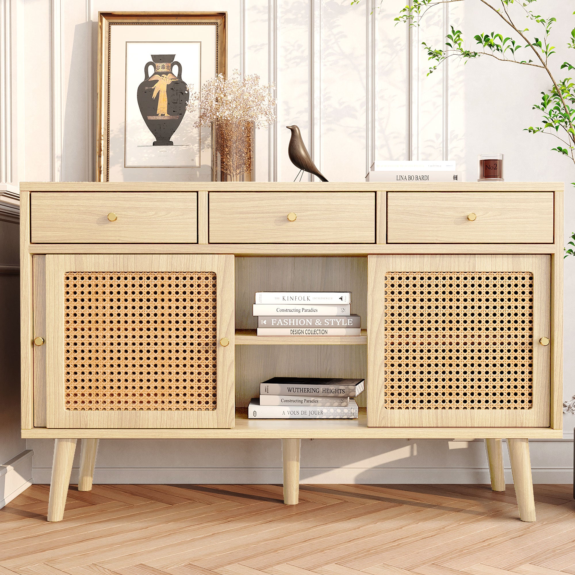 Sideboard 3 Drawer 3 Sliding Door Rattan Fronts Gold Handle Adjustable Shelves Oak