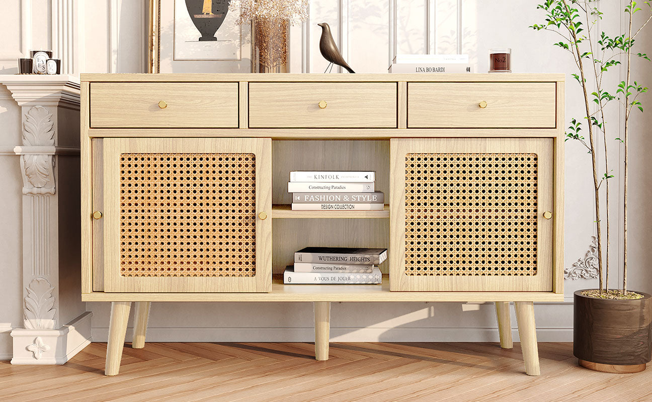 Sideboard 3 Drawer 3 Sliding Door Rattan Fronts Gold Handle Adjustable Shelves Oak