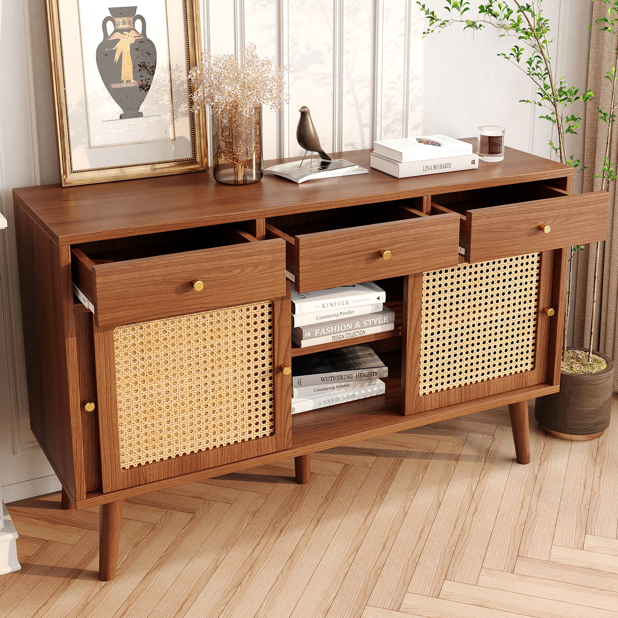 Sideboard 3 Drawer 3 Sliding Door Rattan Weave - Walnut