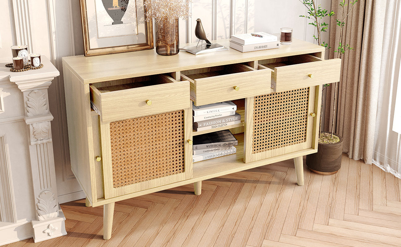 Sideboard 3 Drawer 3 Sliding Door Rattan Fronts Gold Handle Adjustable Shelves Oak